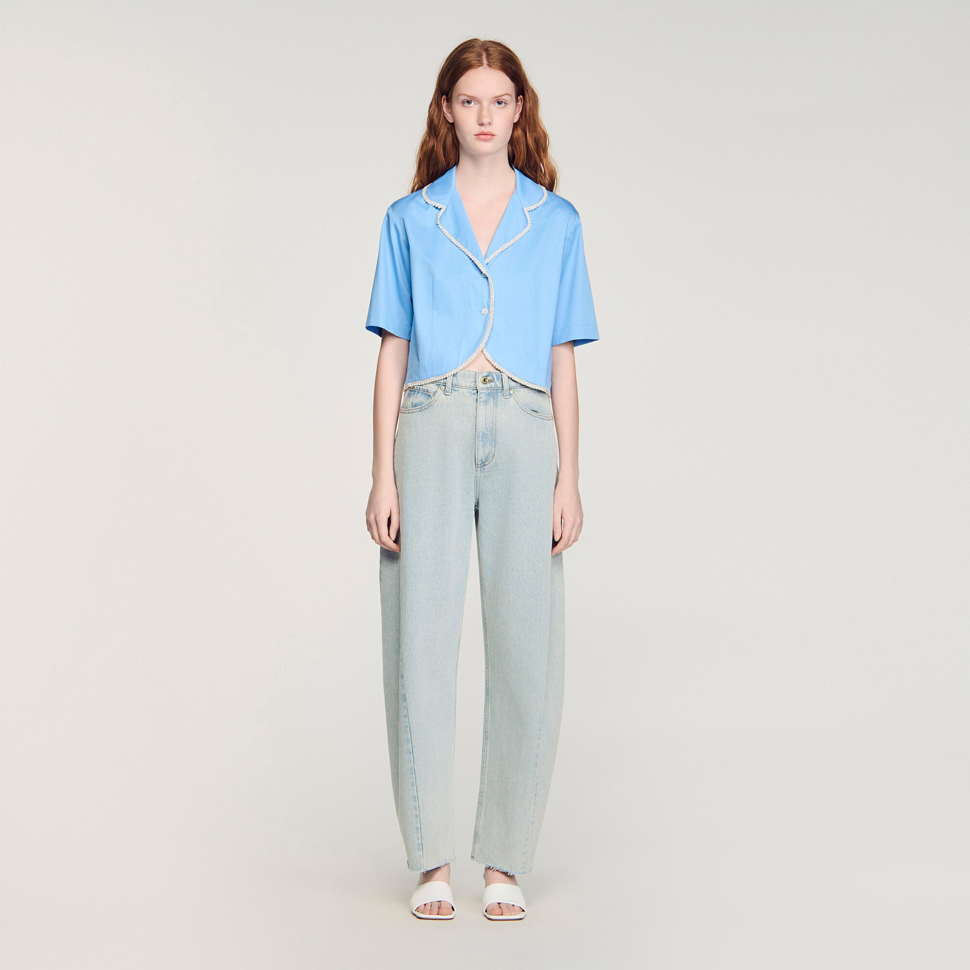 Cotton shirt with beaded trim blue For Women | Sandro Paris