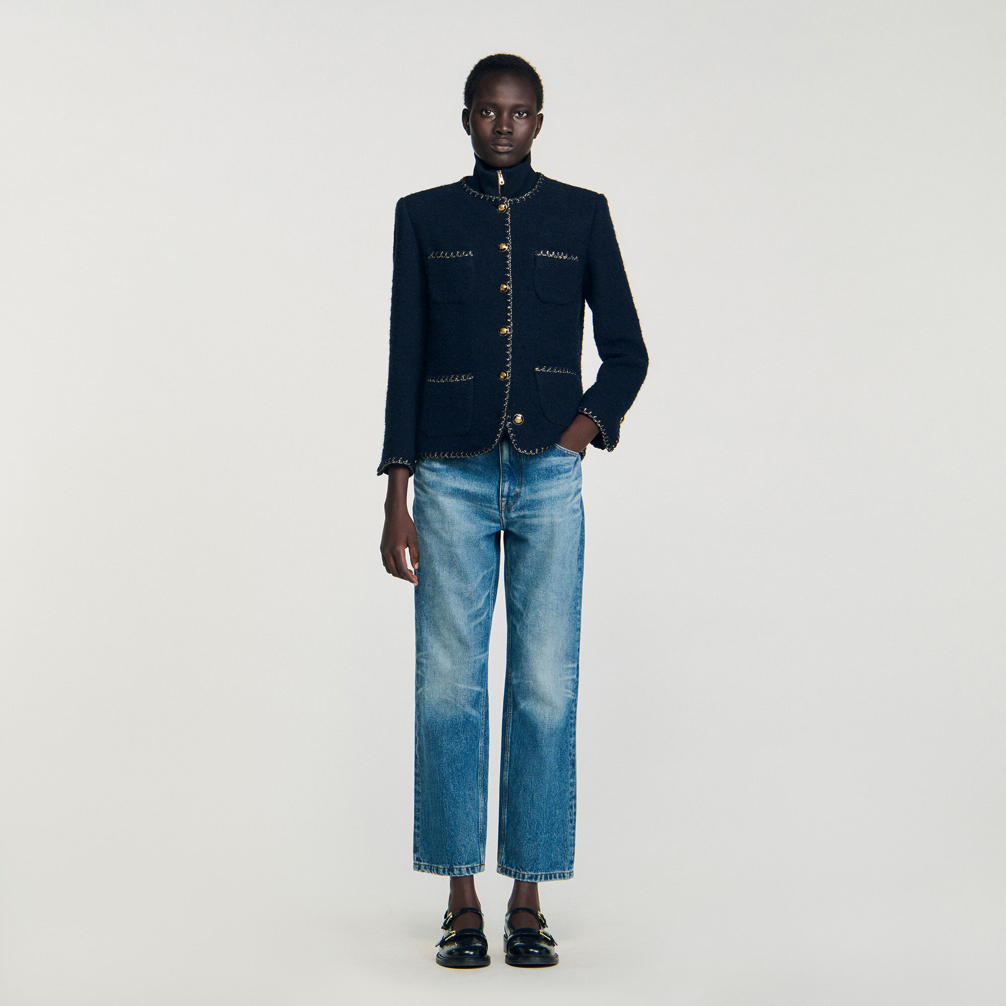 ジャケット・アウター SANDRO Tweed Jacket Tweed jacket black / gray For Women | Sandro Paris