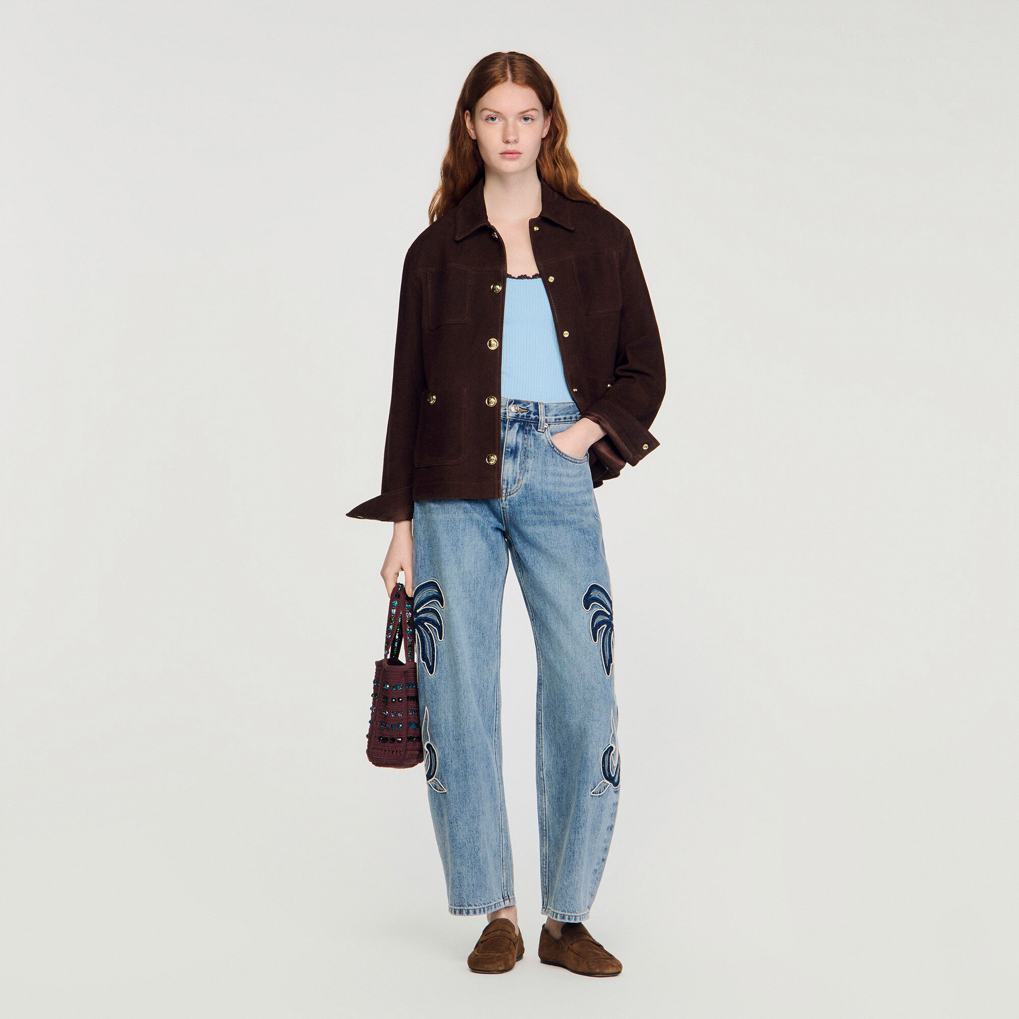 Palm-embroidered wide barrel jeans