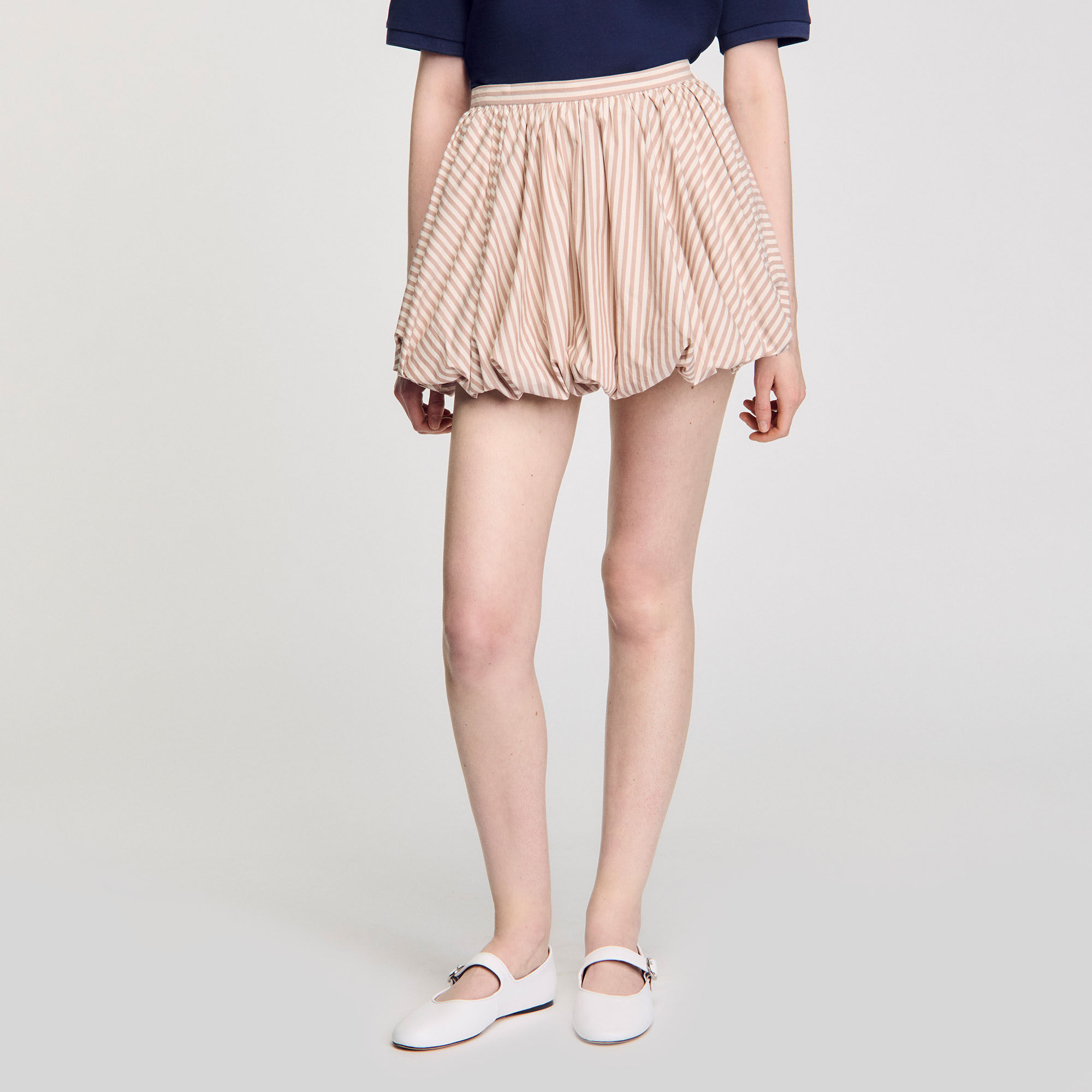 【海外限定】Sandroコットンスカート☆Striped Puffed Cotton Mi Striped bubble skirt brown For Women | Sandro Paris