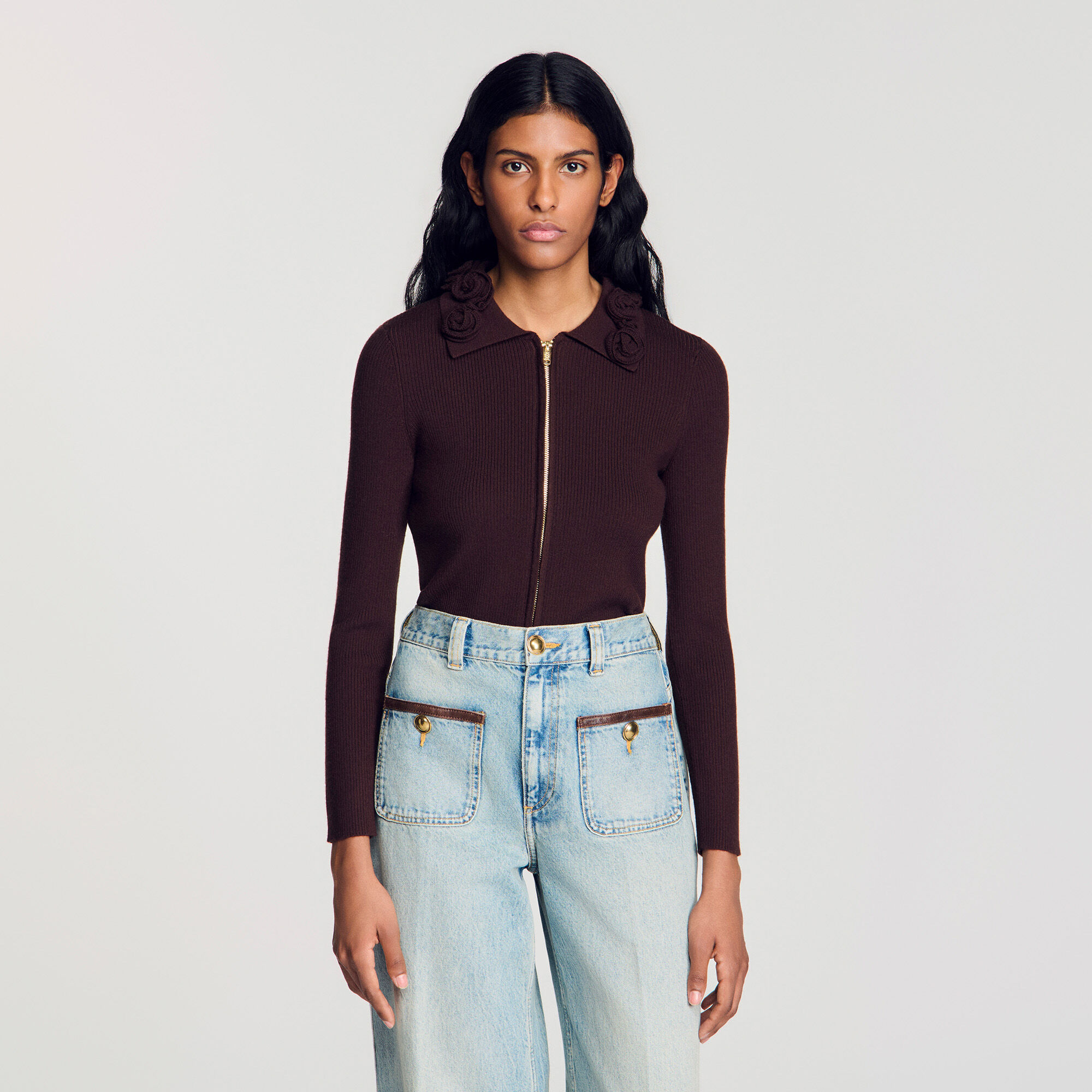 Cardigan with floral collar in Brown for Women | Sandro Paris