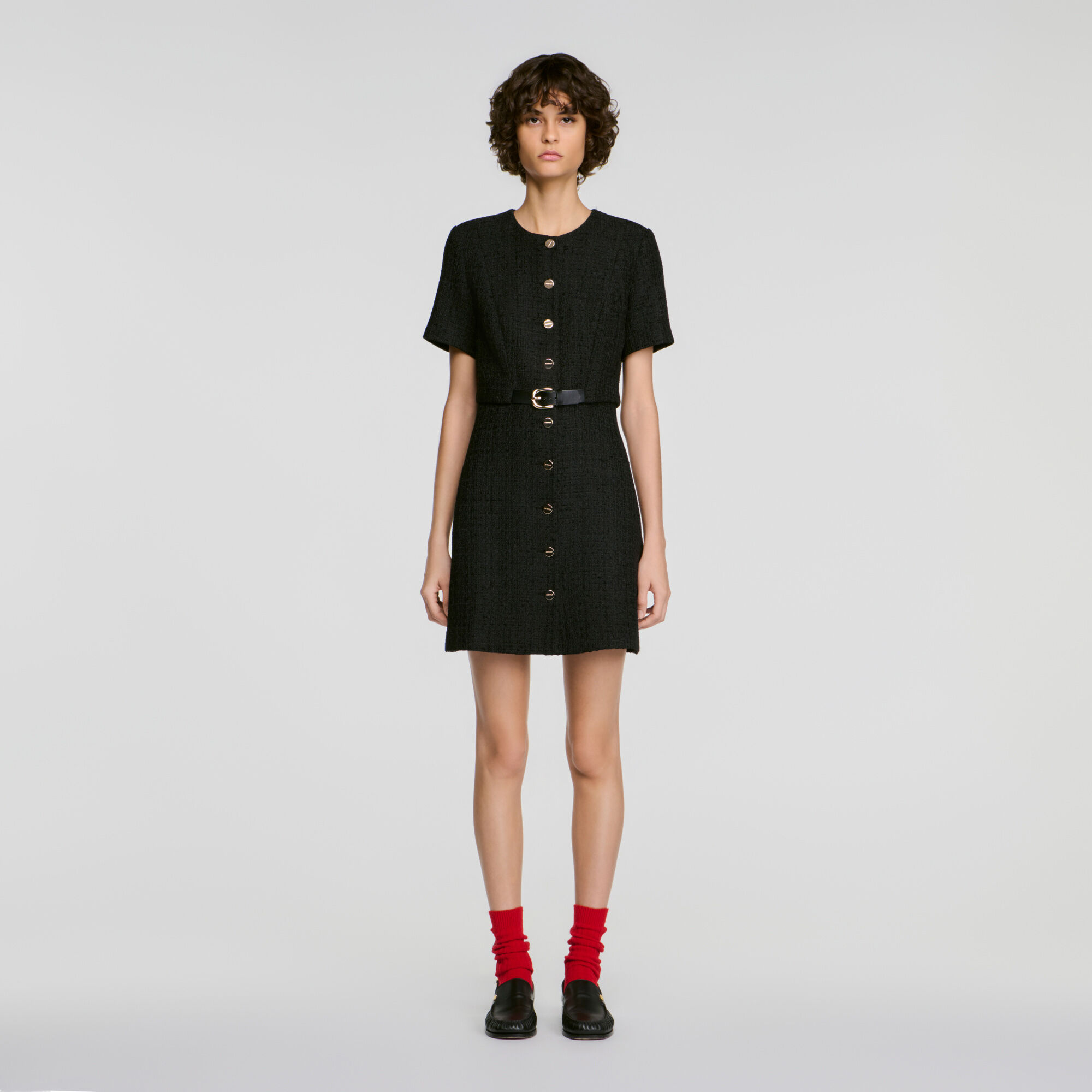 Belted tweed dress in Black for Women | Sandro Paris