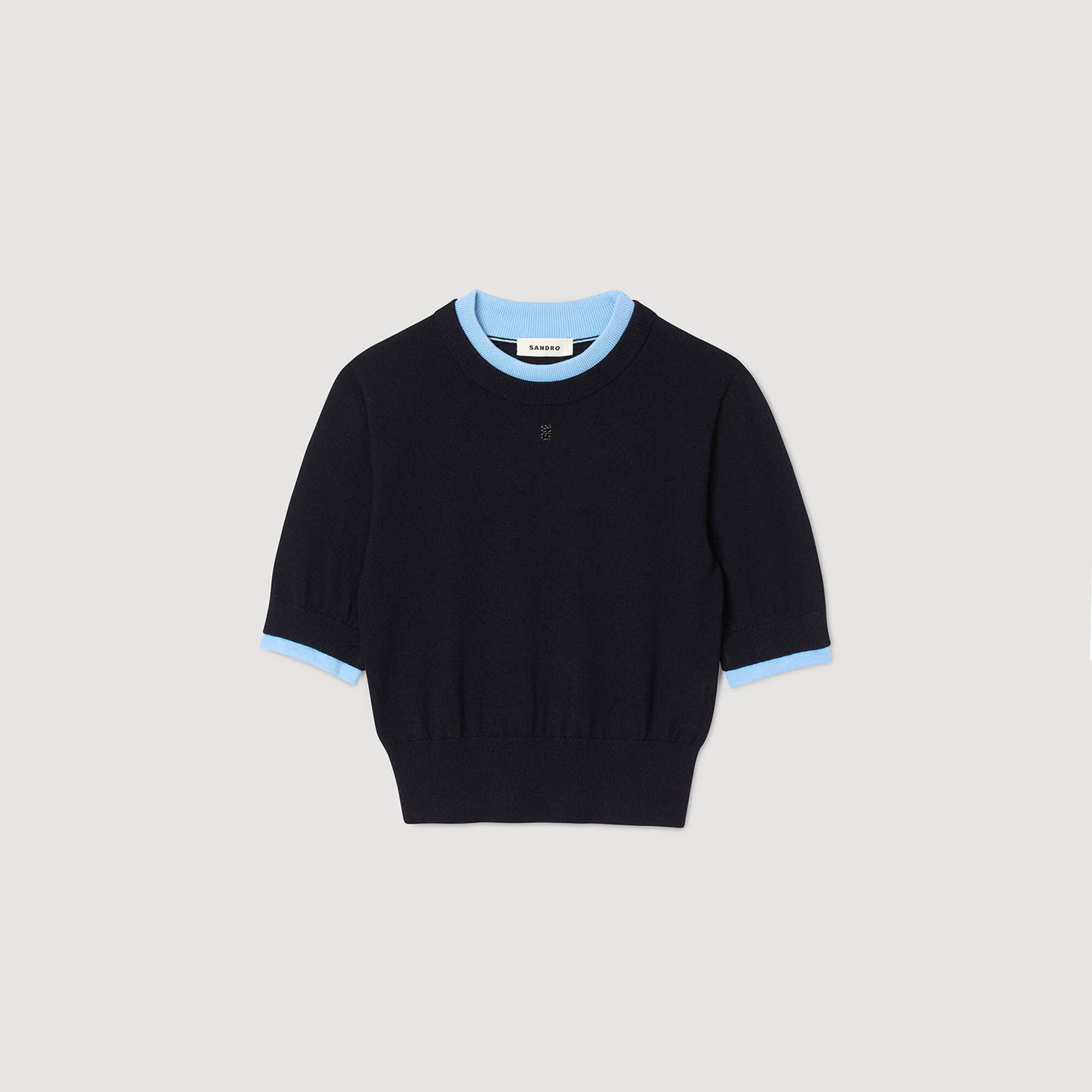 SANDRO サンドロ　クロップドスウェット　ショート丈　ネイビー Two-tone cropped sweater blue For Women | Sandro Paris