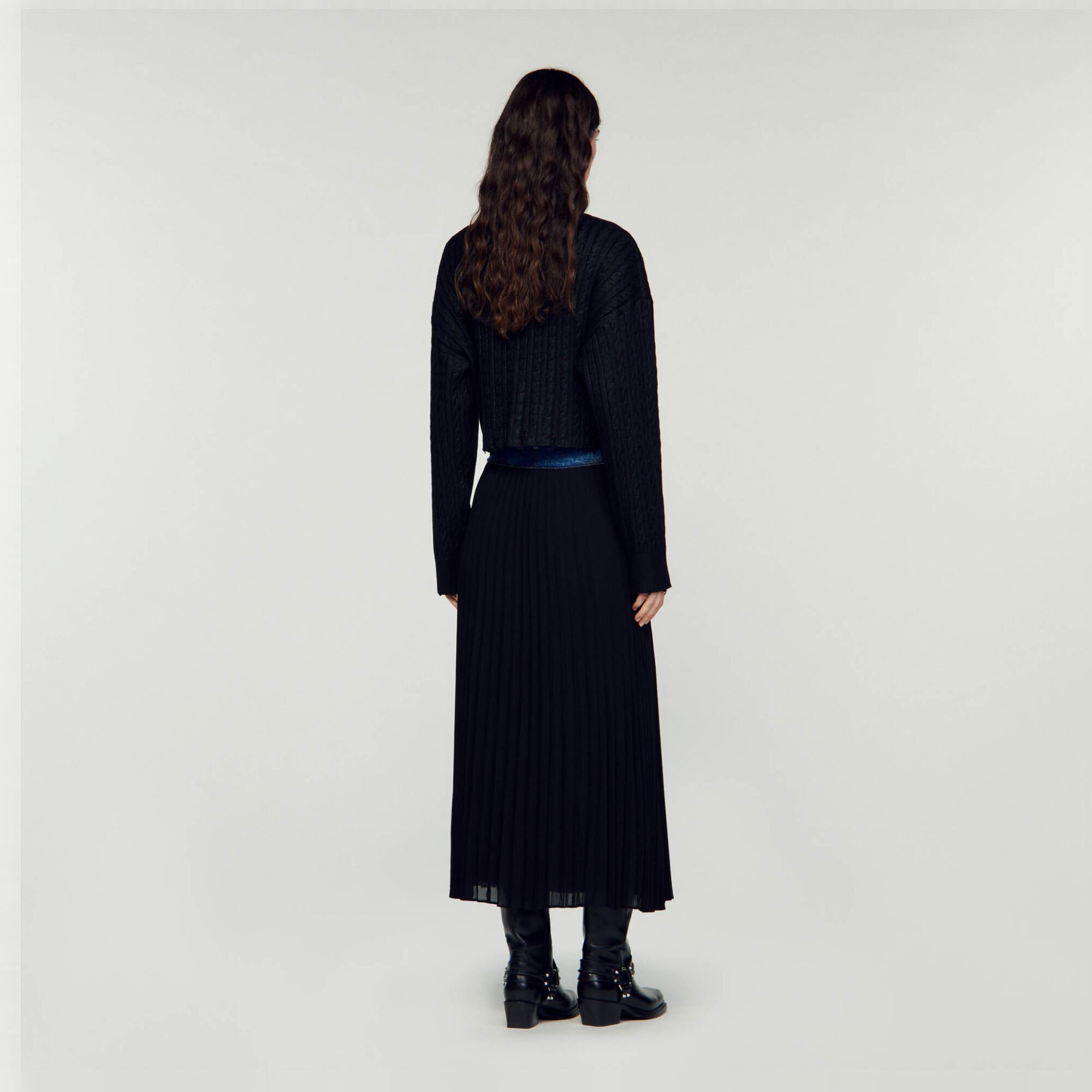 Long pleated denim skirt