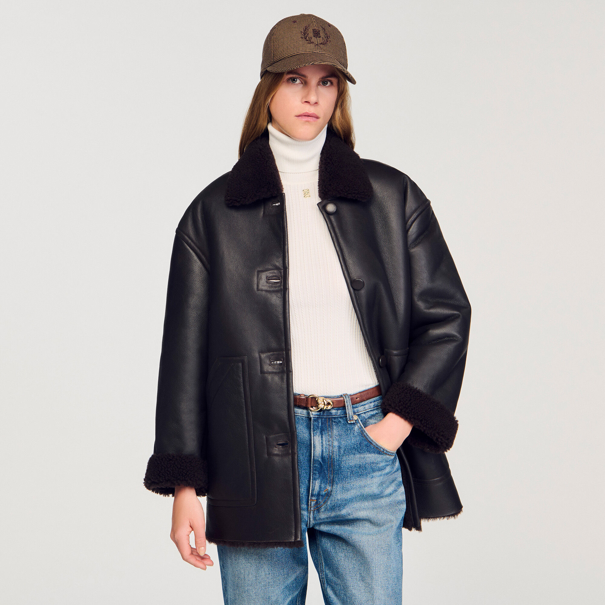 Aviator shearling coat brown For Women | Sandro Paris