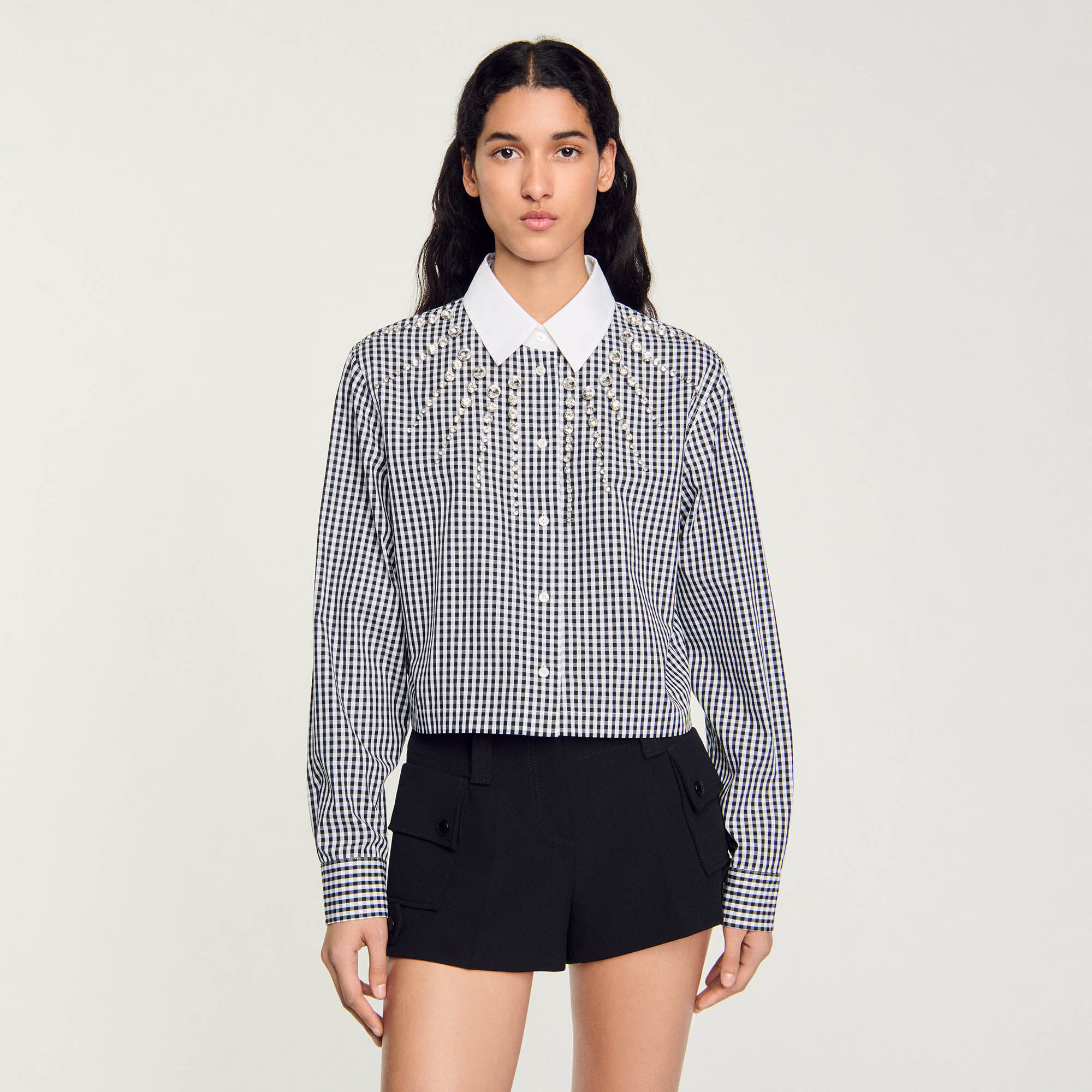Cropped shirt with rhinestone bib black / gray For Women