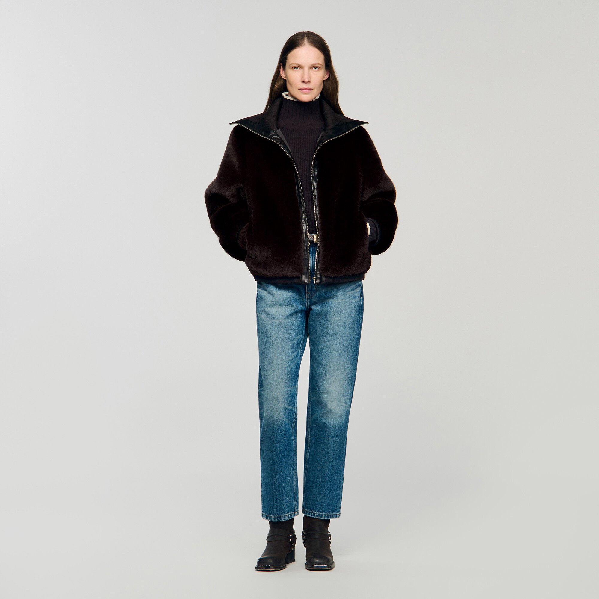 Short faux fur coat brown For Women | Sandro Paris