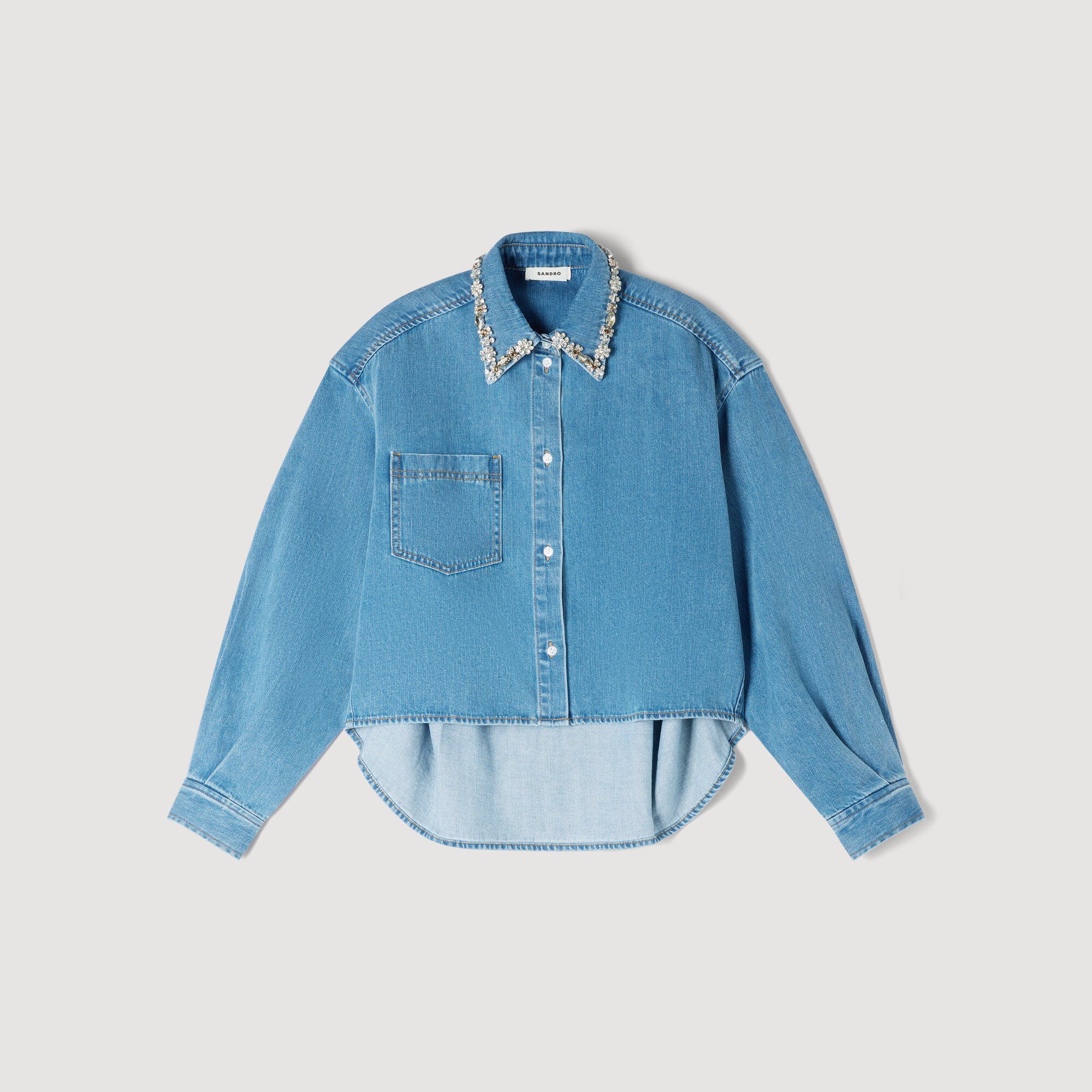 Denim shirt with rhinestones in Blue Jean for Women | Sandro Paris