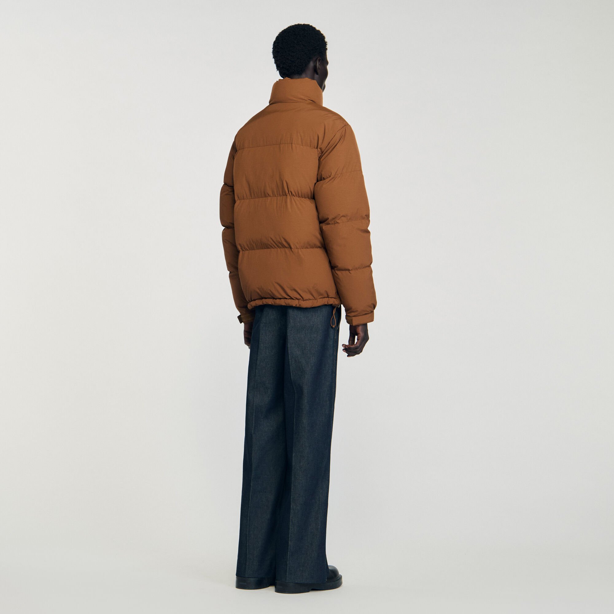 Hooded puffer with high collar