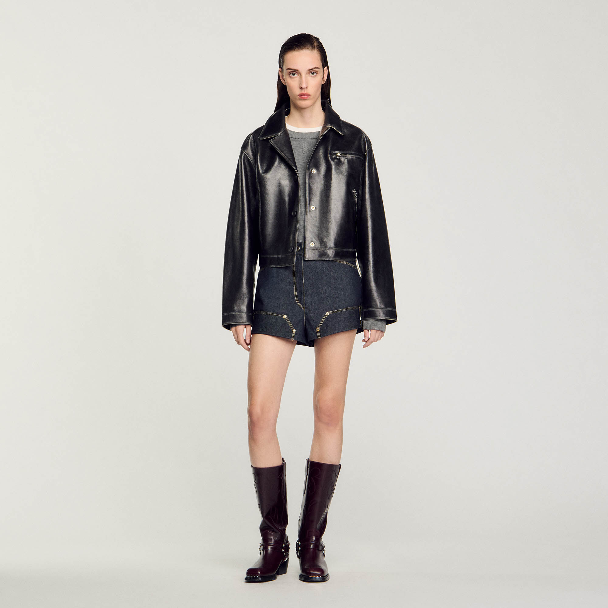 Distressed leather jacket black / gray For Women | Sandro Paris