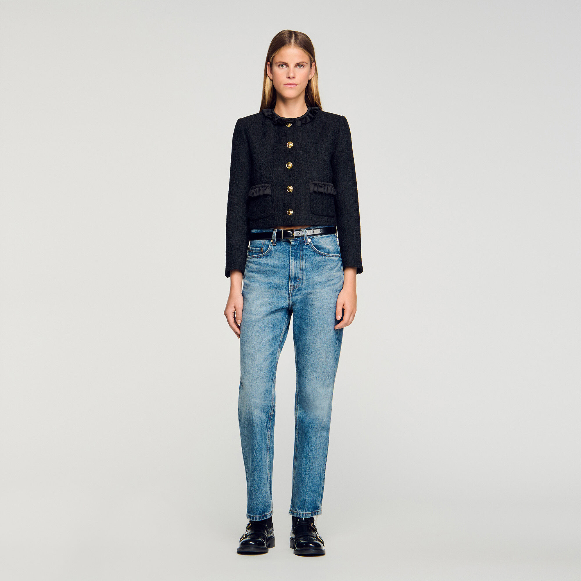 Ruffled tweed jacket black / gray For Women | Sandro Paris