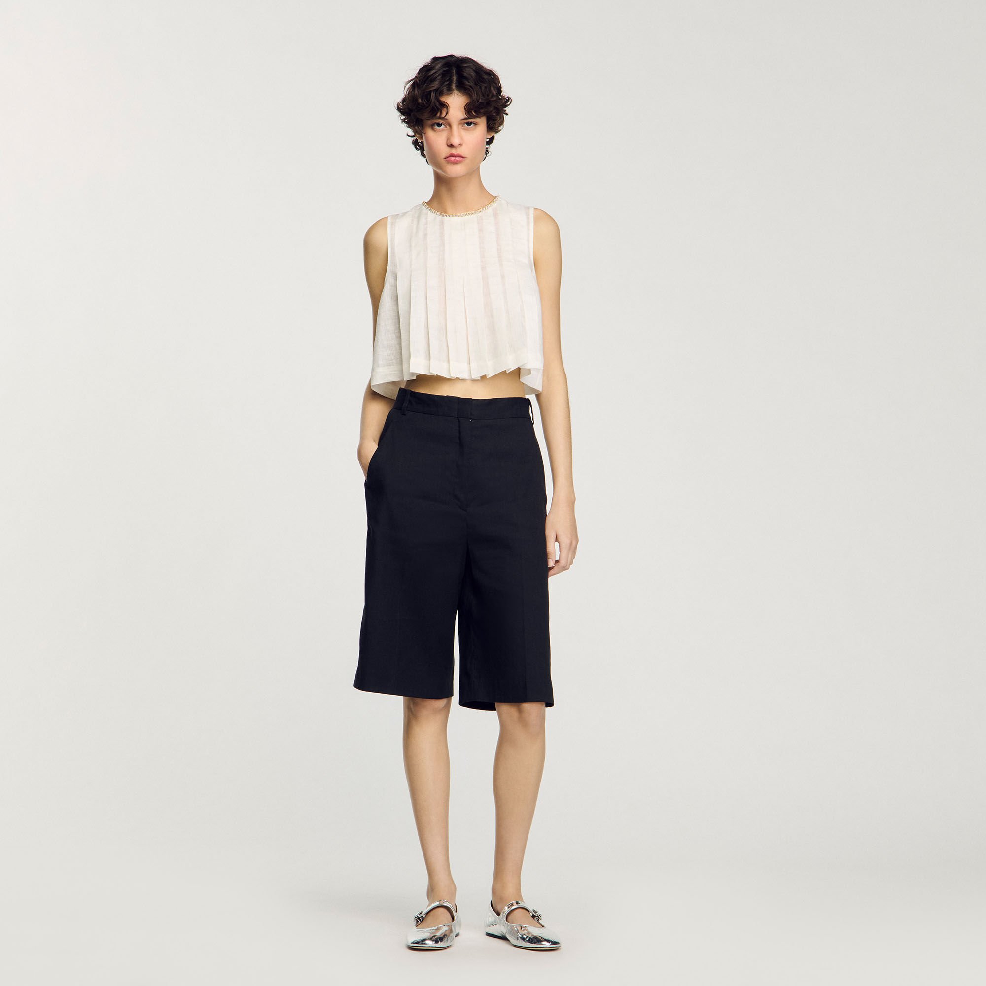 Linen-blend Bermuda shorts black / gray For Women | Sandro Paris