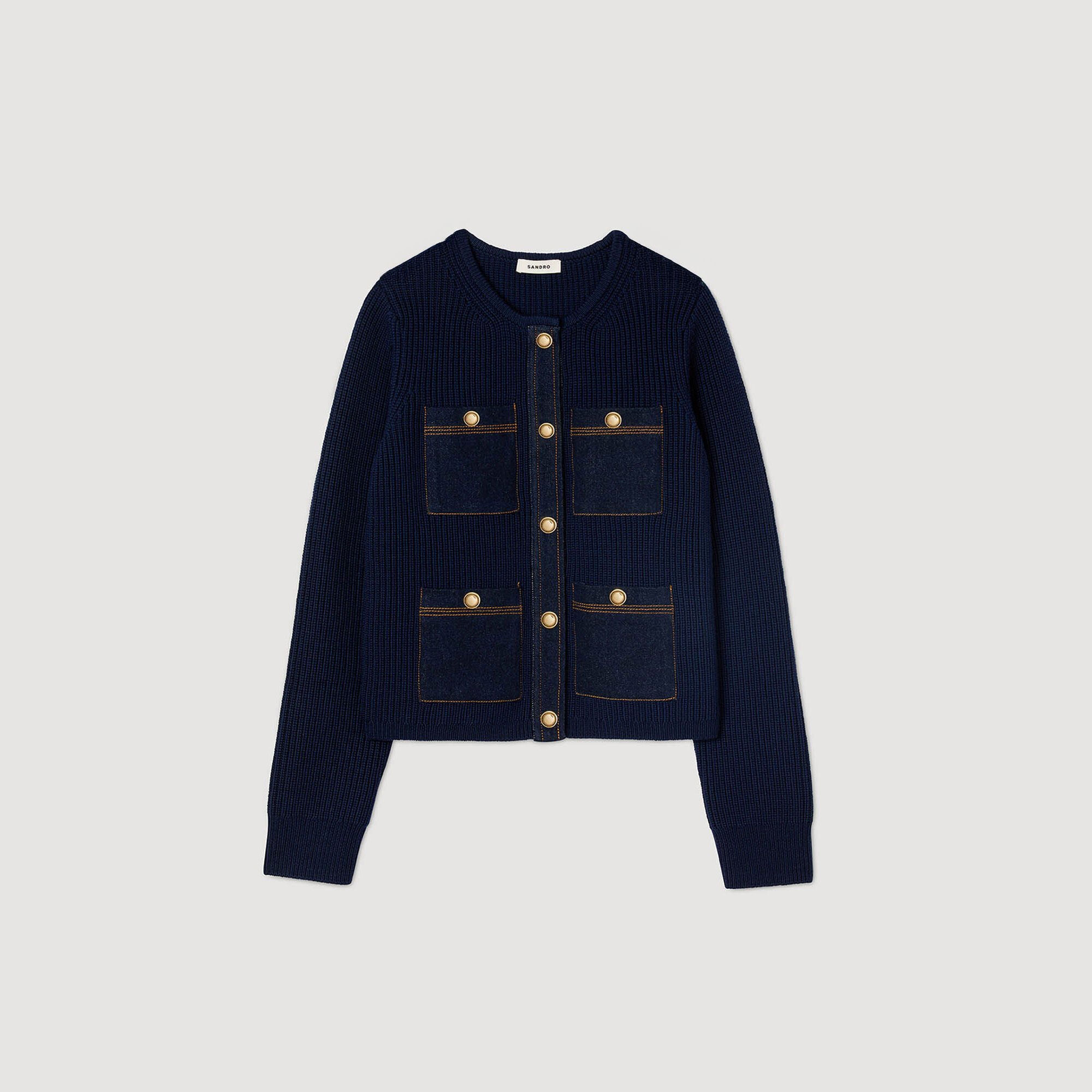 Denim detail rib knit cardigan blue For Women | Sandro Paris