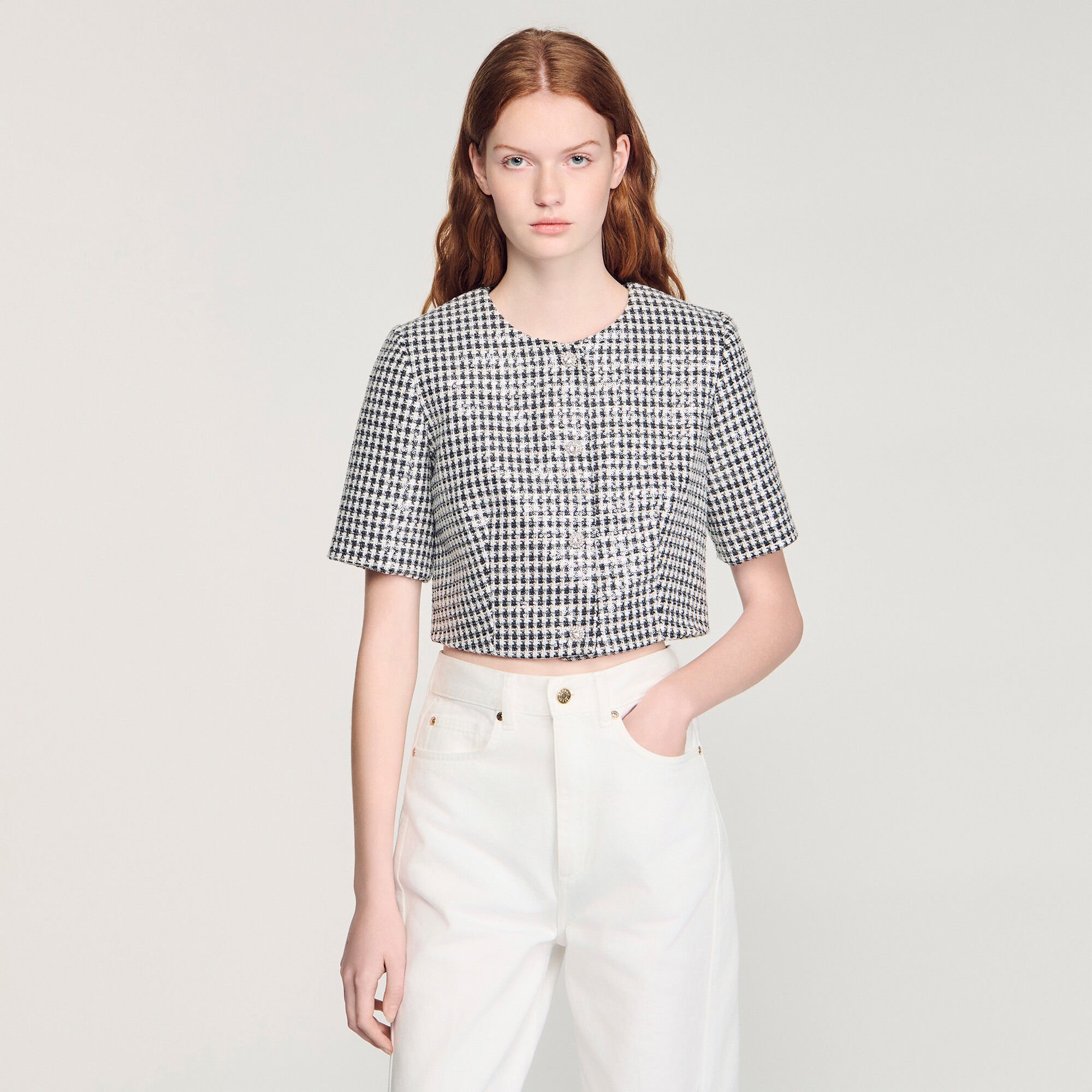 Cropped houndstooth tweed jacket