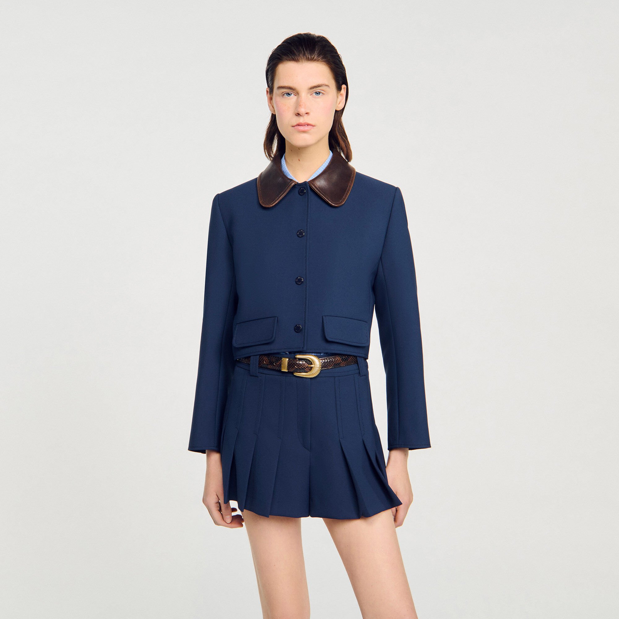 Cropped jacket with leather collar blue For Women | Sandro Paris