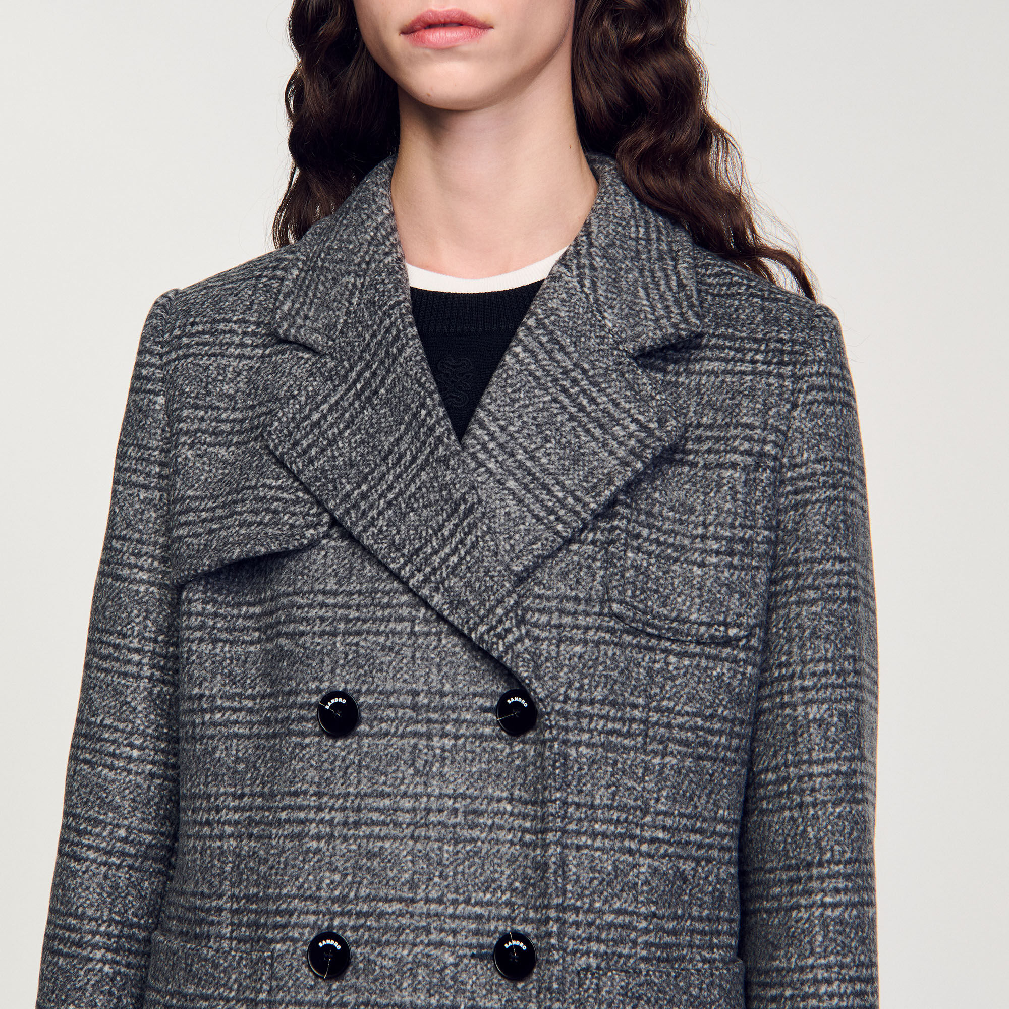 Long checked coat black / gray For Women | Sandro Paris Long checked coat black / gray For Women | Sandro Paris