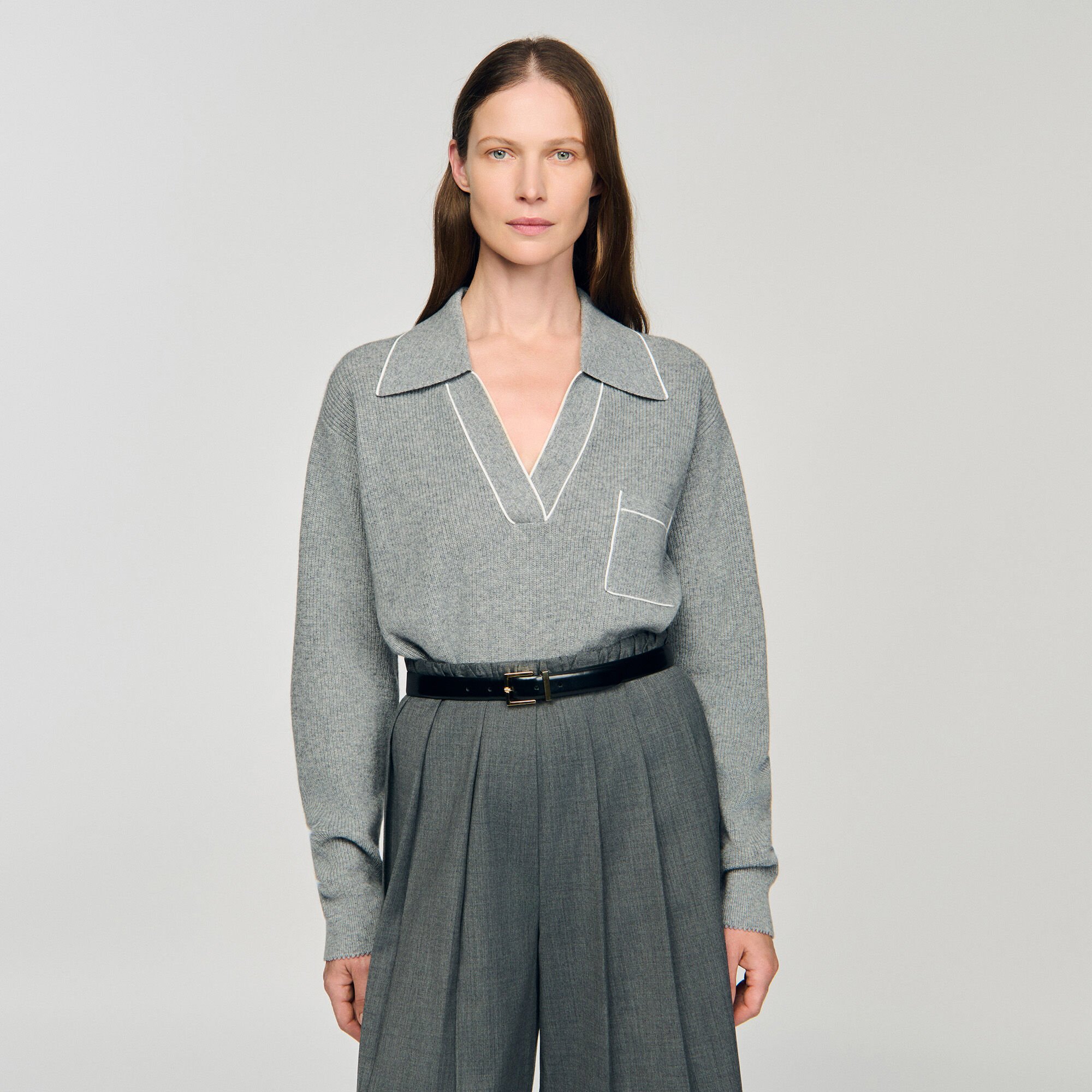 Open Polo-Collar Neck Sweater