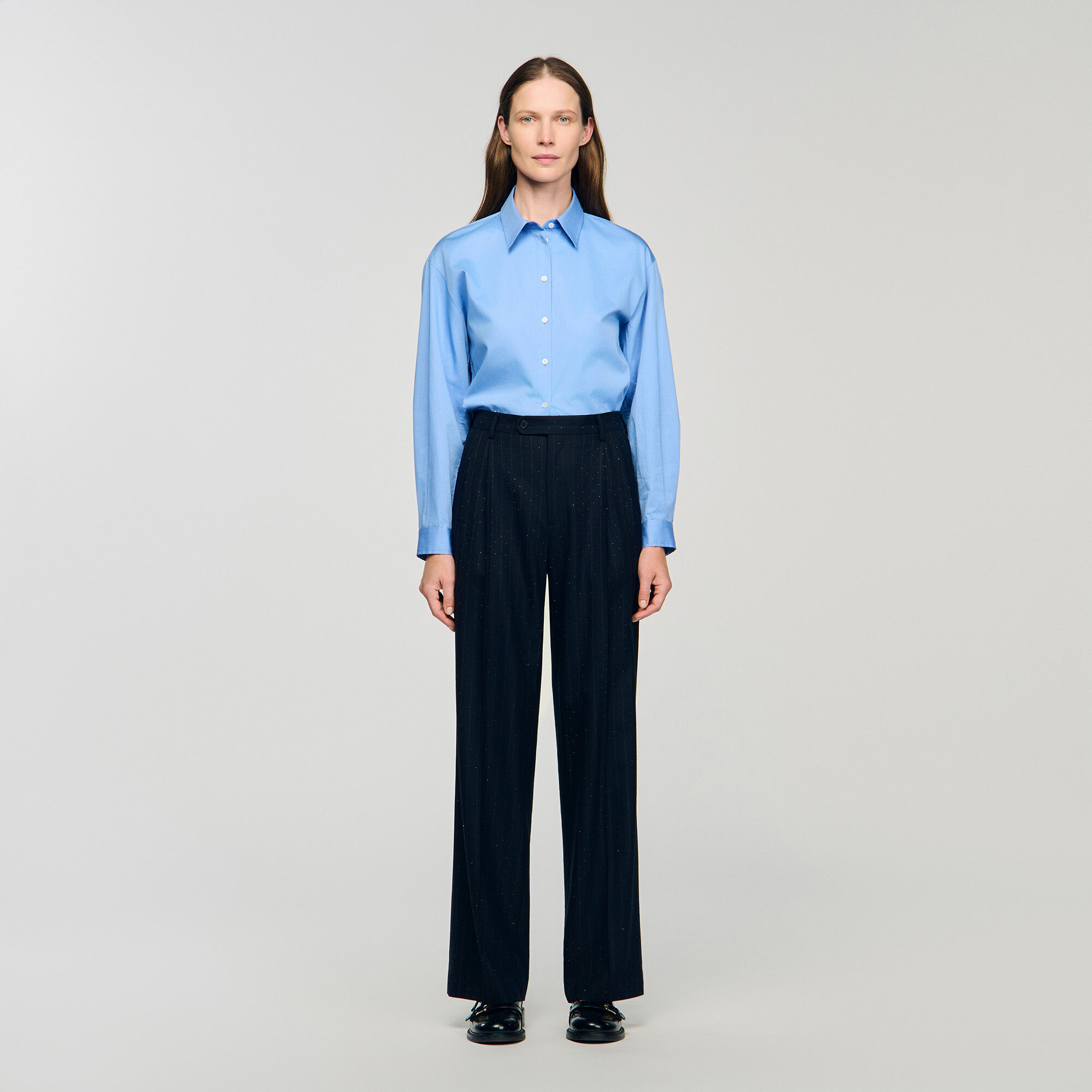 sandro レディース　パンツ Rhinestone striped trousers blue For Women | Sandro Paris