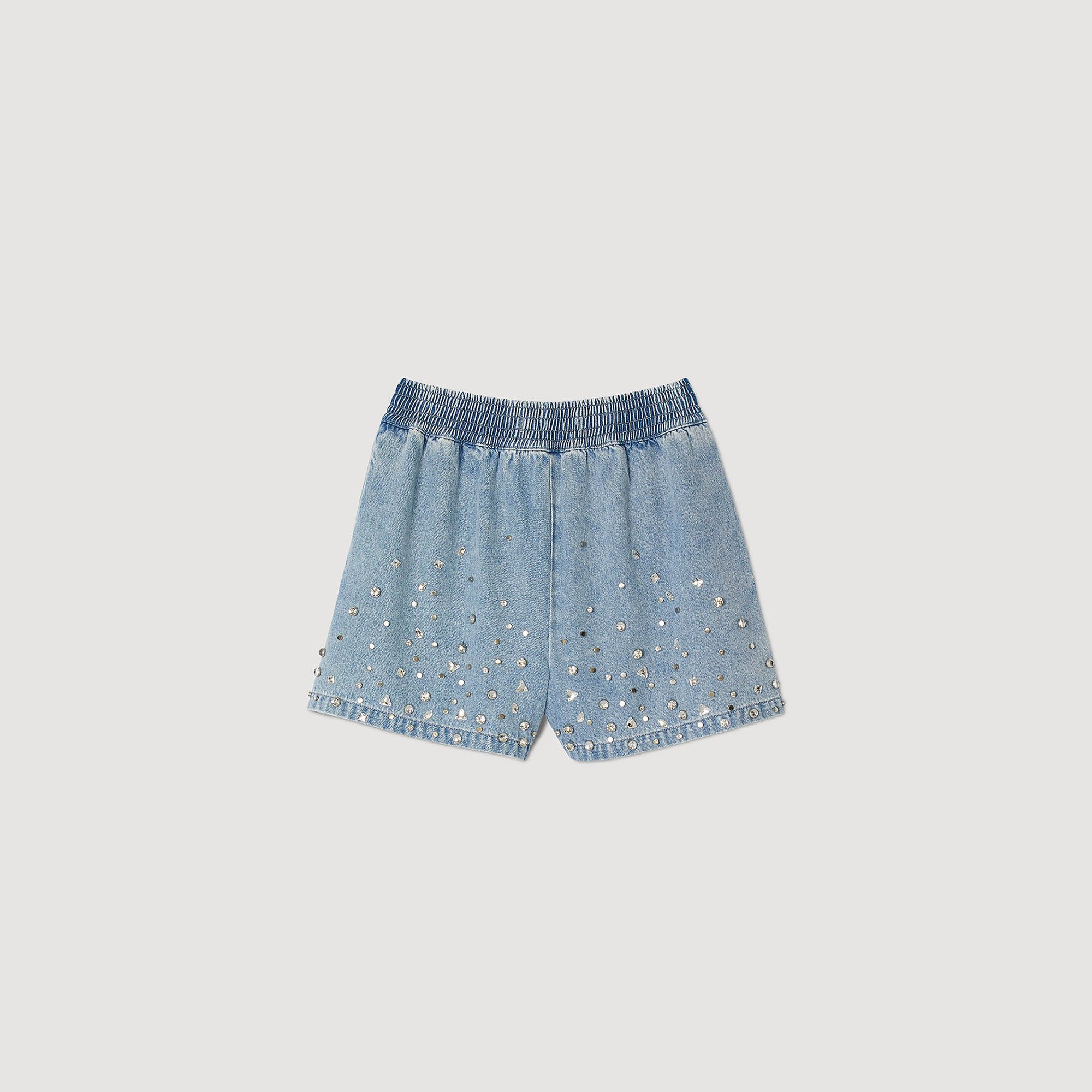 Wide-leg rhinestone denim shorts
