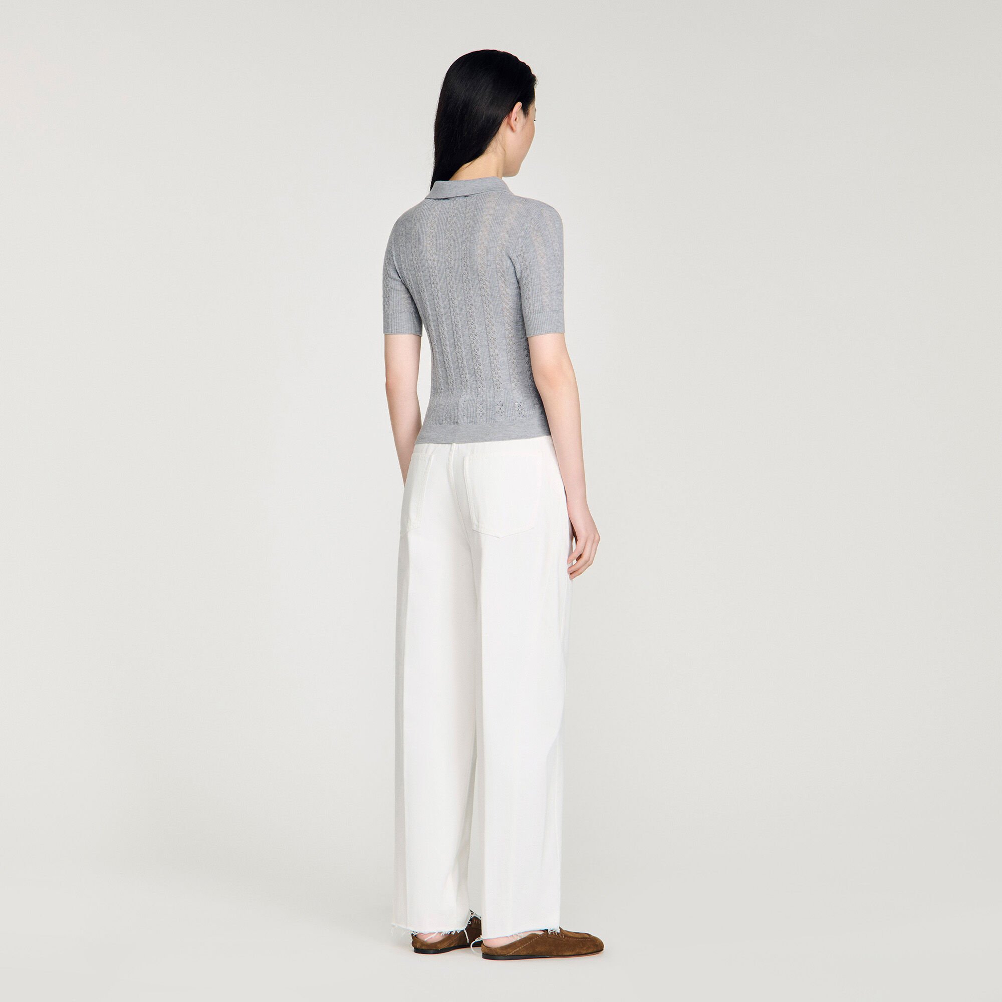 Pointelle polo-neck wool sweater