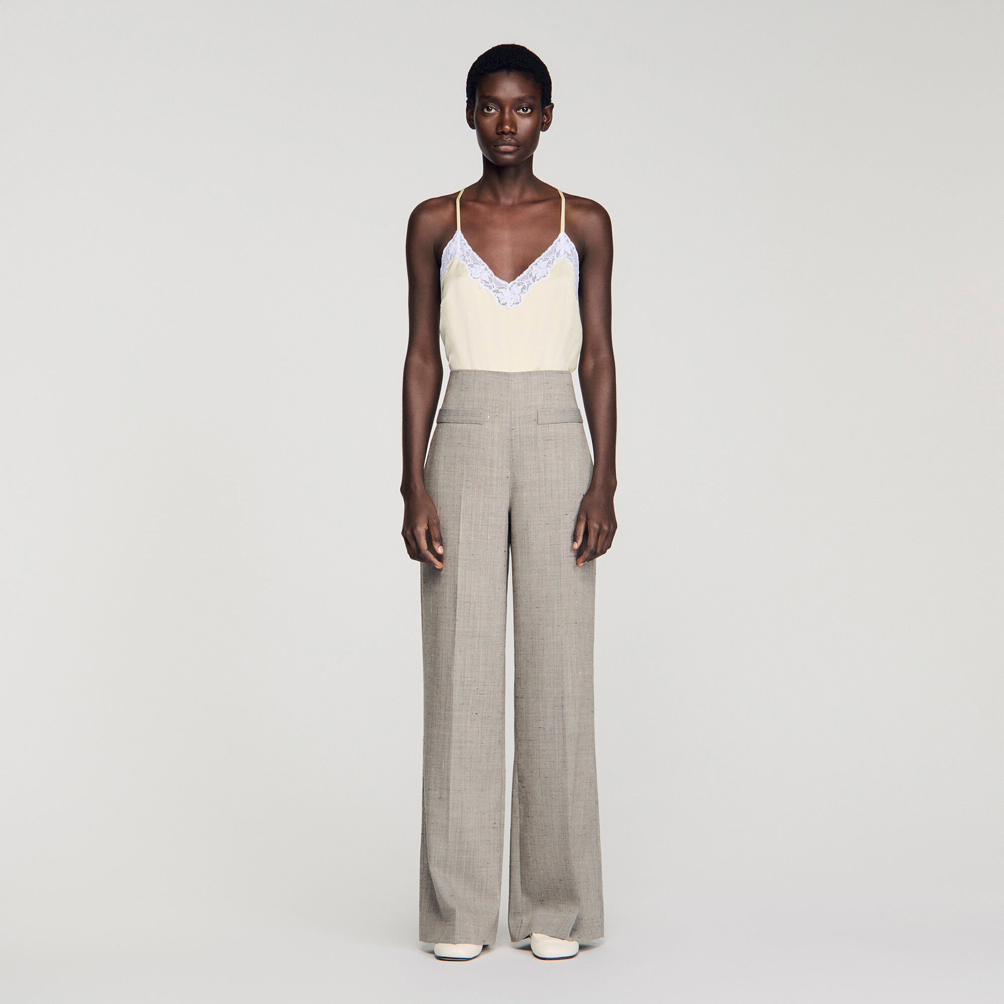 Wide-leg checked wool trousers in Greige for Women | Sandro Paris