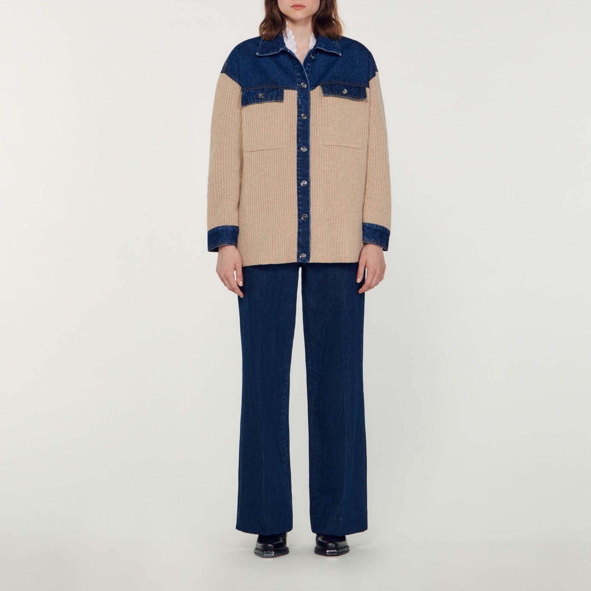 Knit and denim cardicoat