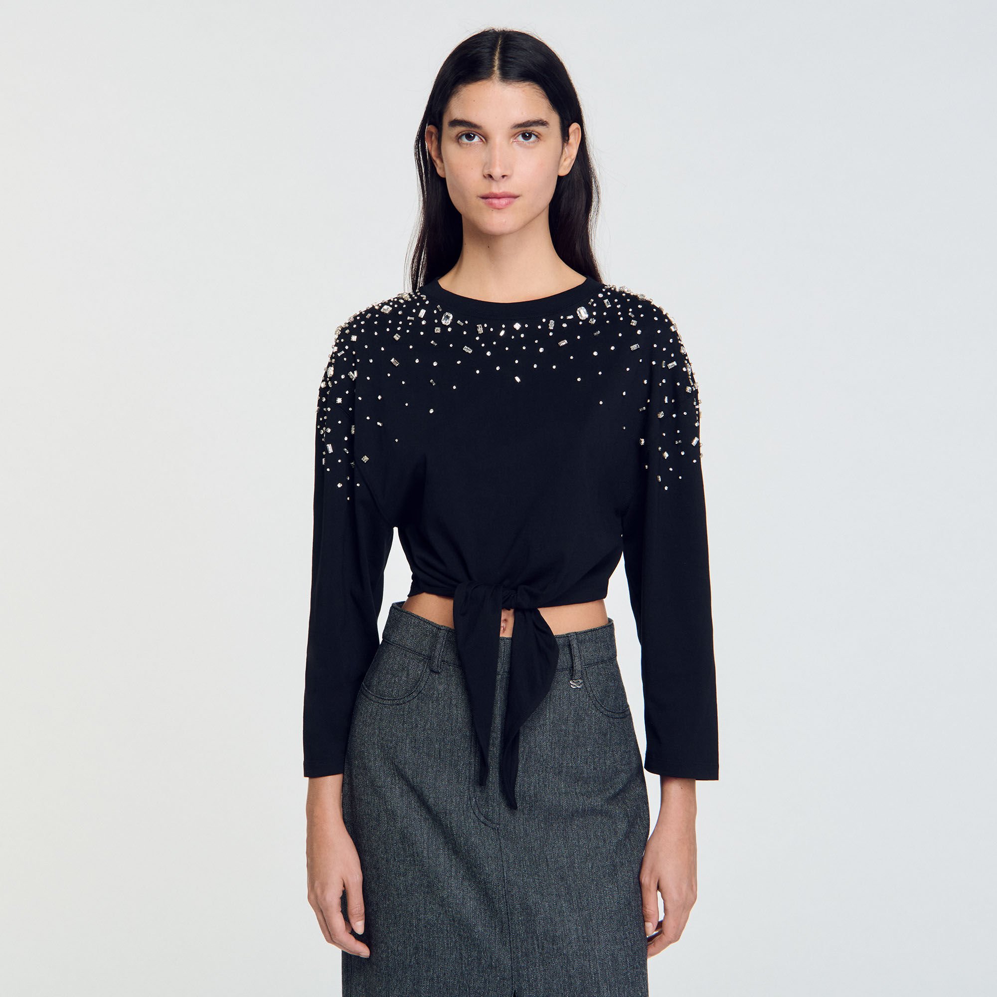 Rhinestone tie-front T-shirt