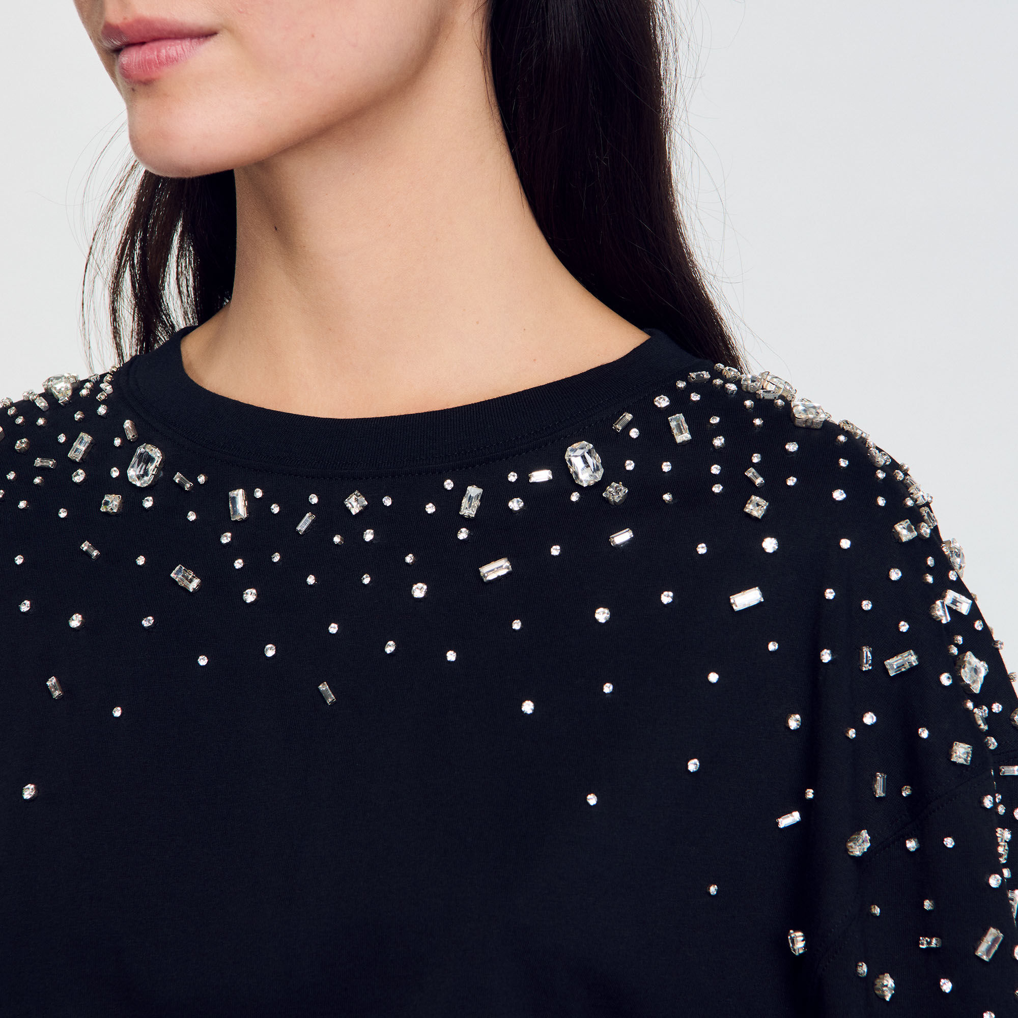 Rhinestone tie-front T-shirt black / gray For Women | Sandro Rhinestone tie-front T-shirt black / gray For Women | Sandro