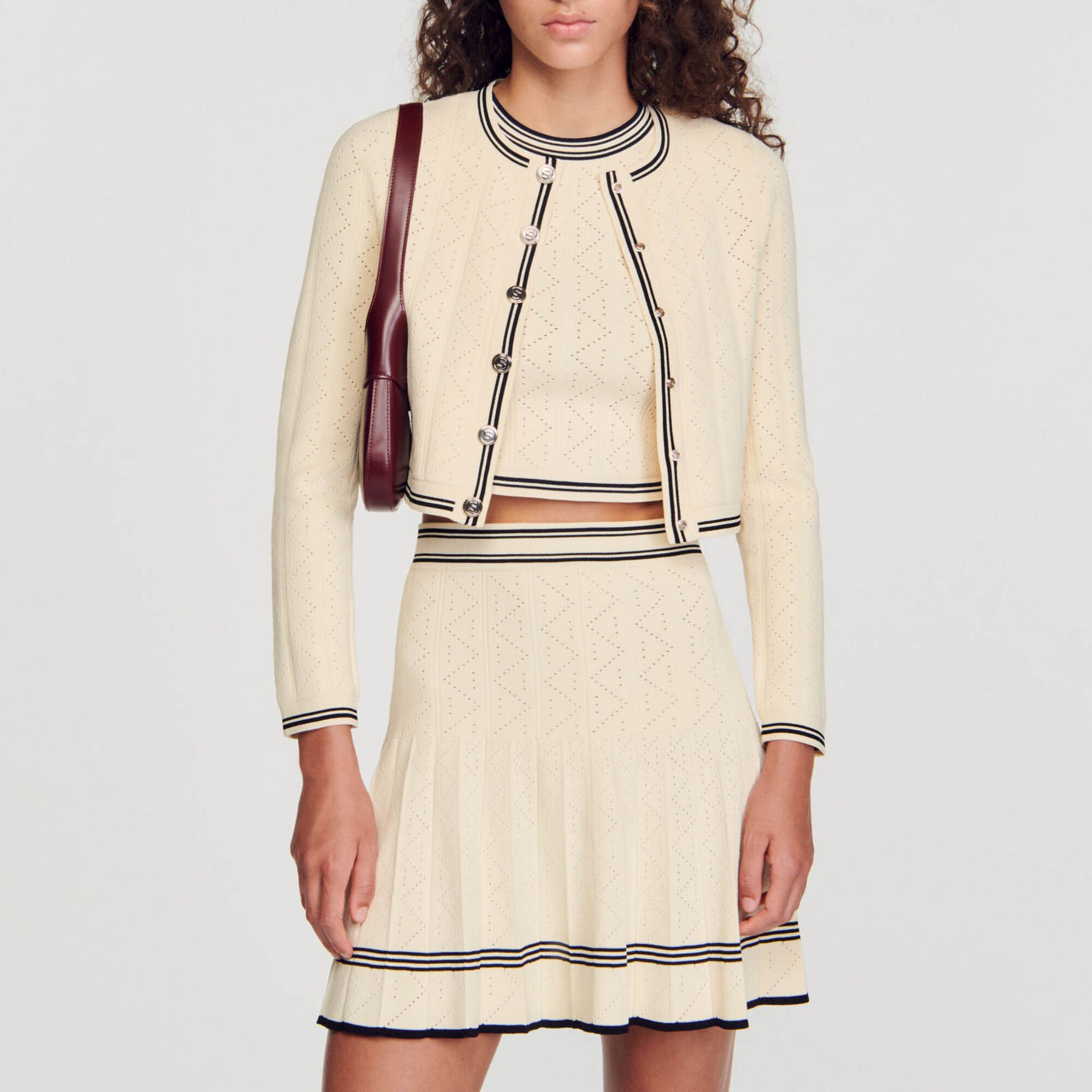 Cropped pointelle knit cardigan