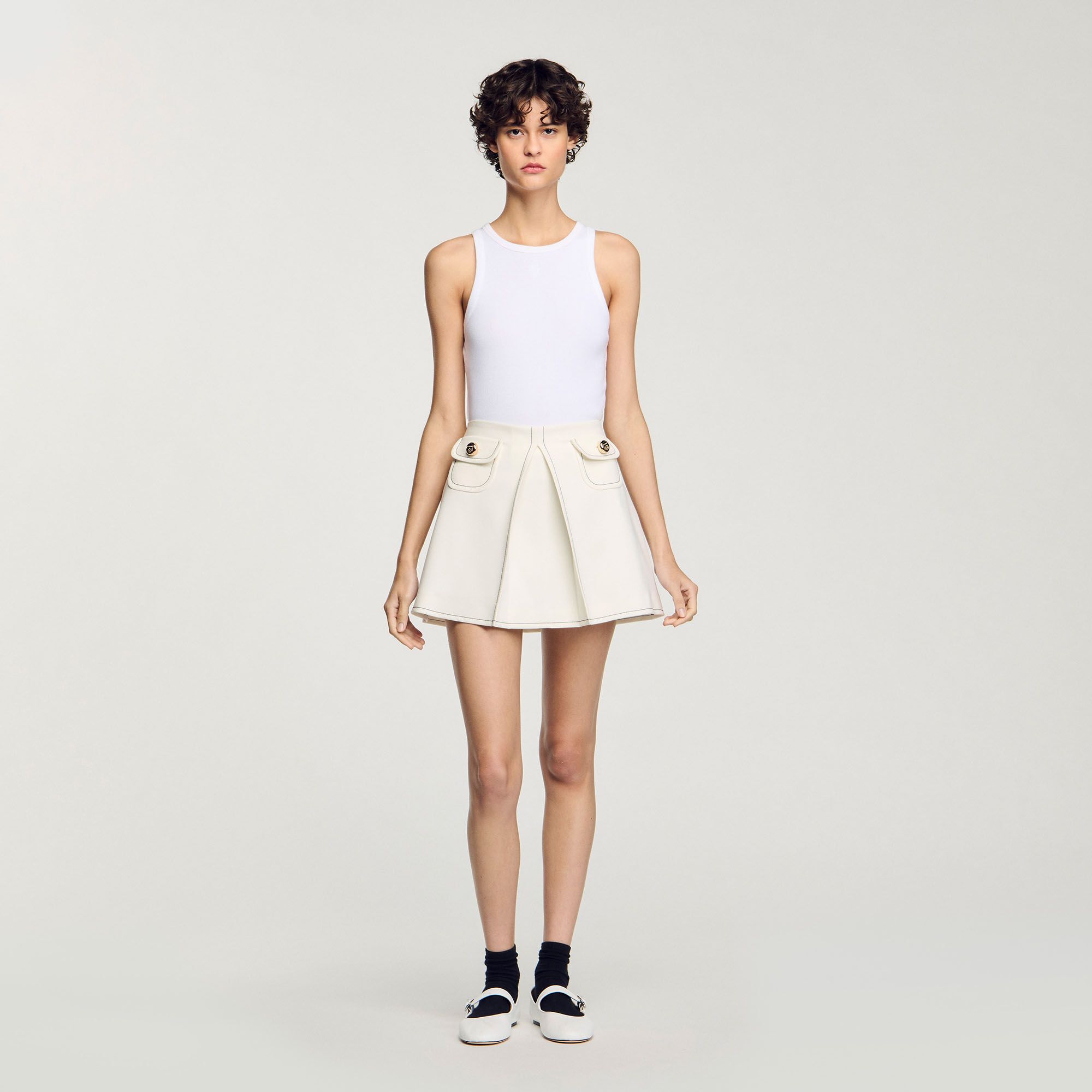 Mini box-pleated skirt white / beige For Women | Sandro Paris
