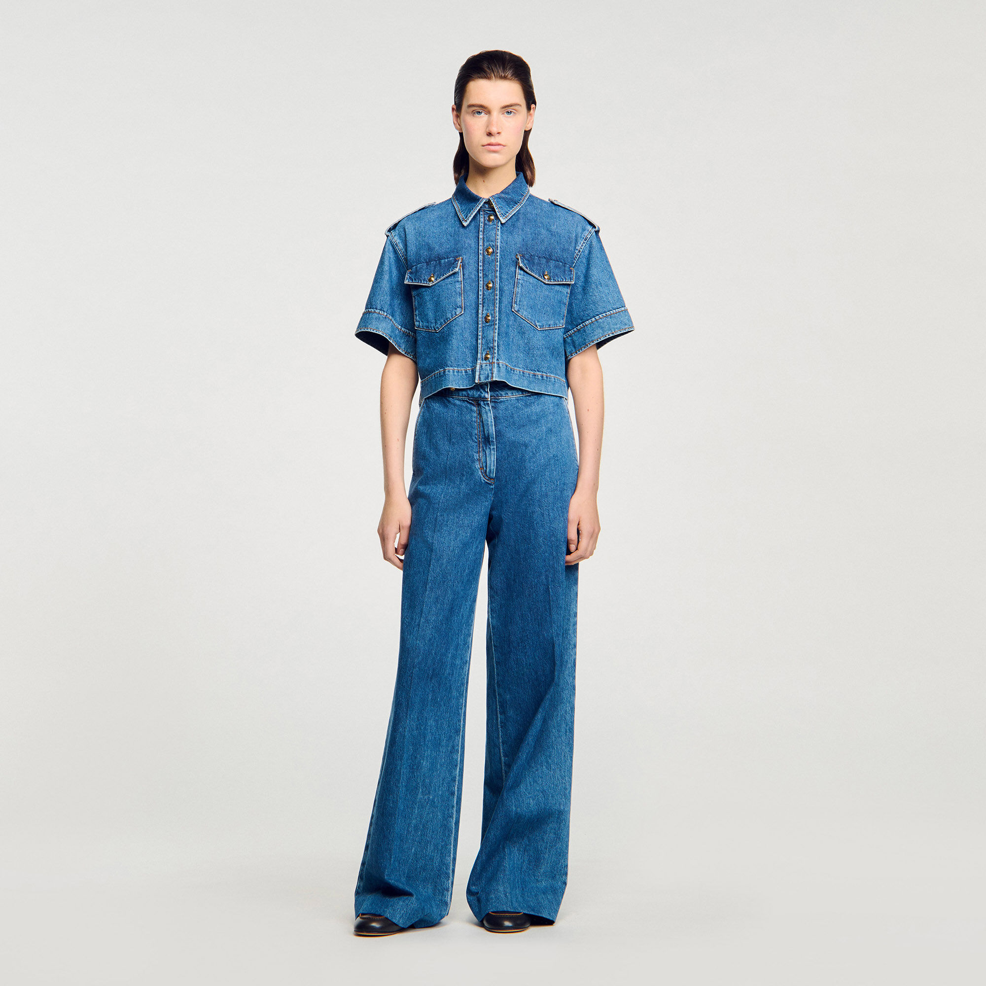Cropped denim shirt blue For Women | Sandro Paris