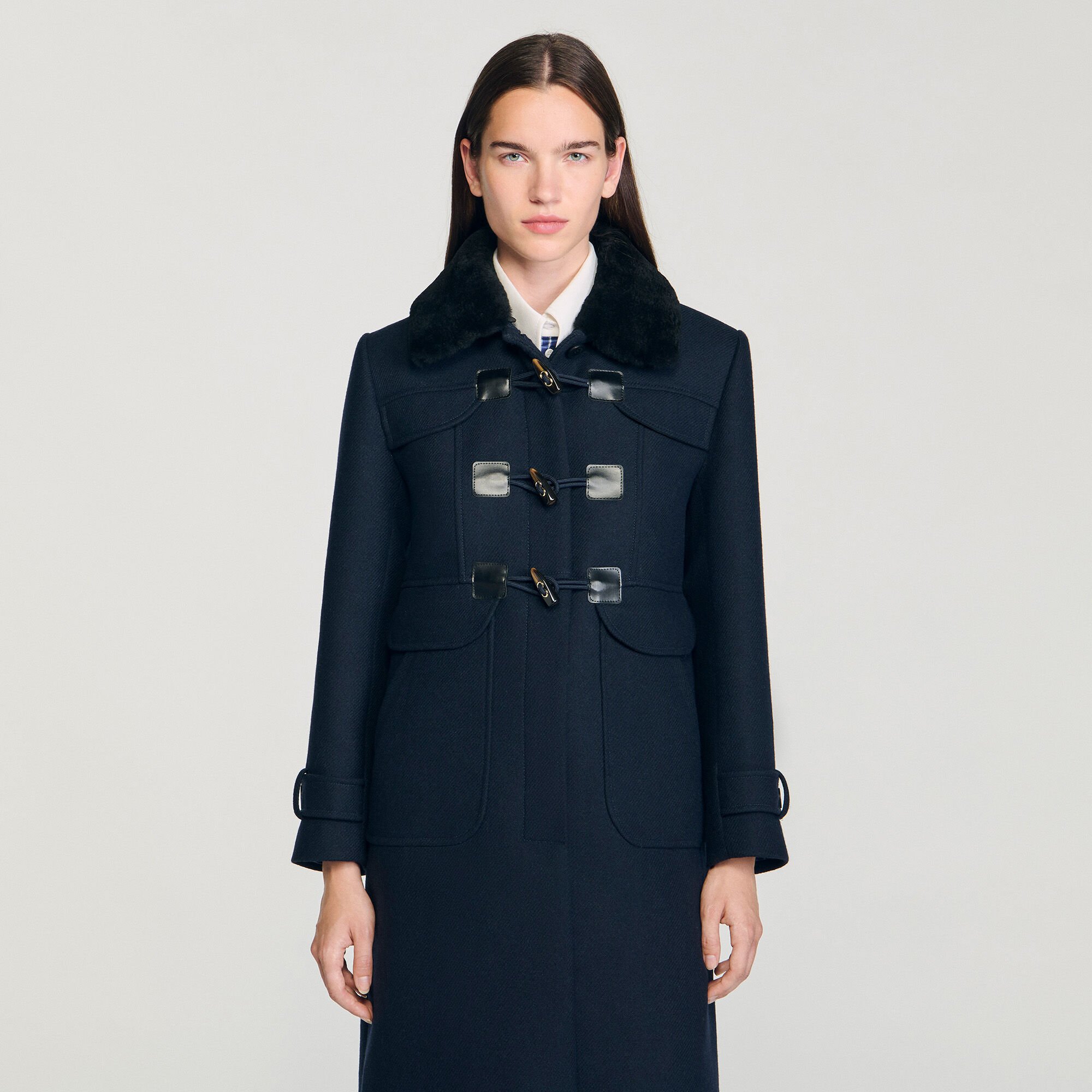 Coat with removable shearling collar