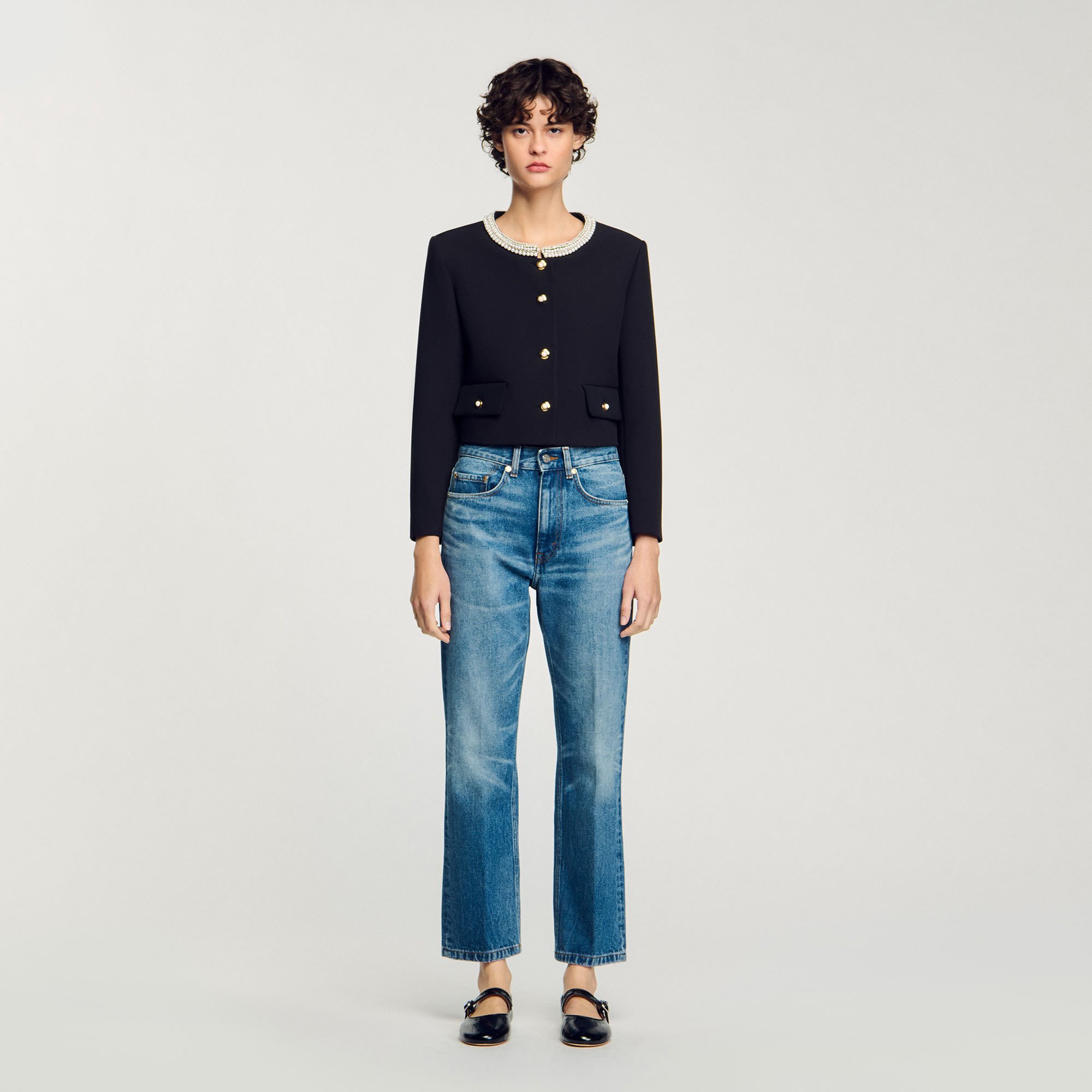 Jacket with beaded collar black / gray For Women | Sandro Paris
