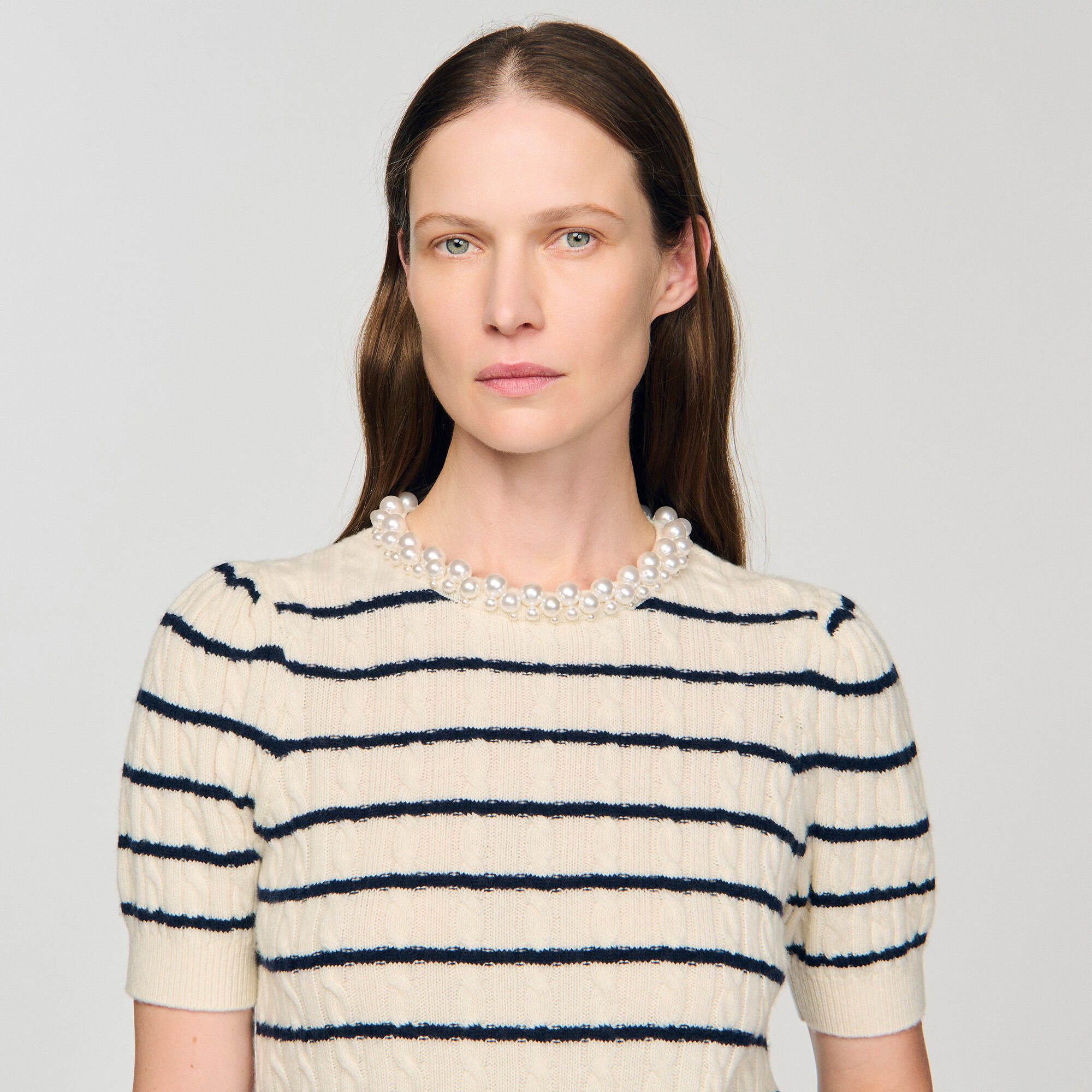 Striped sweater with pearl collar