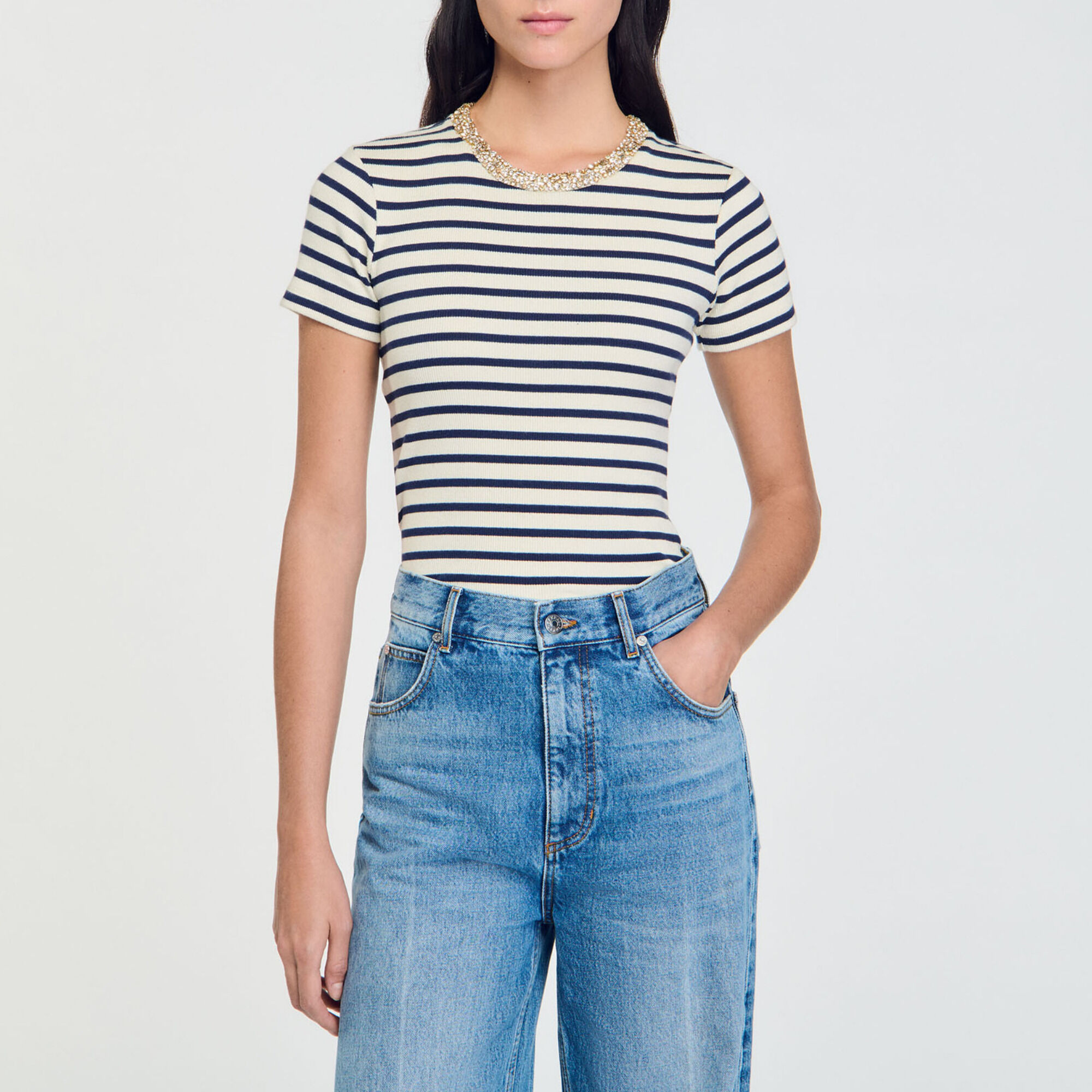 Stripy rhinestone T-shirt