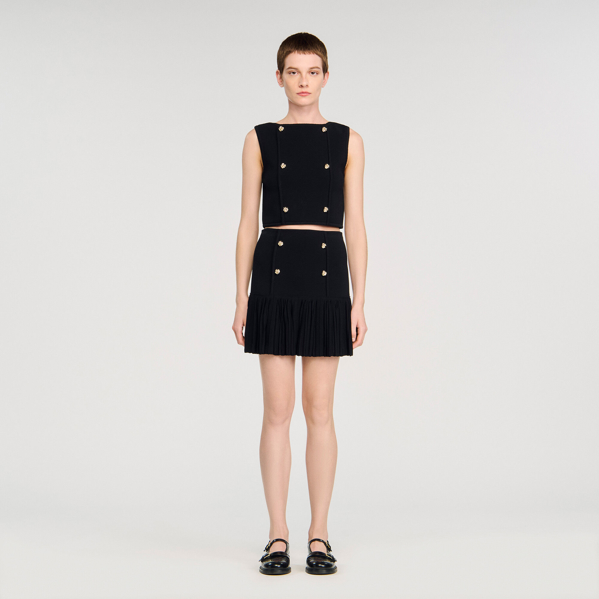 Mini pleated knit skirt black / gray For Women | Sandro Paris