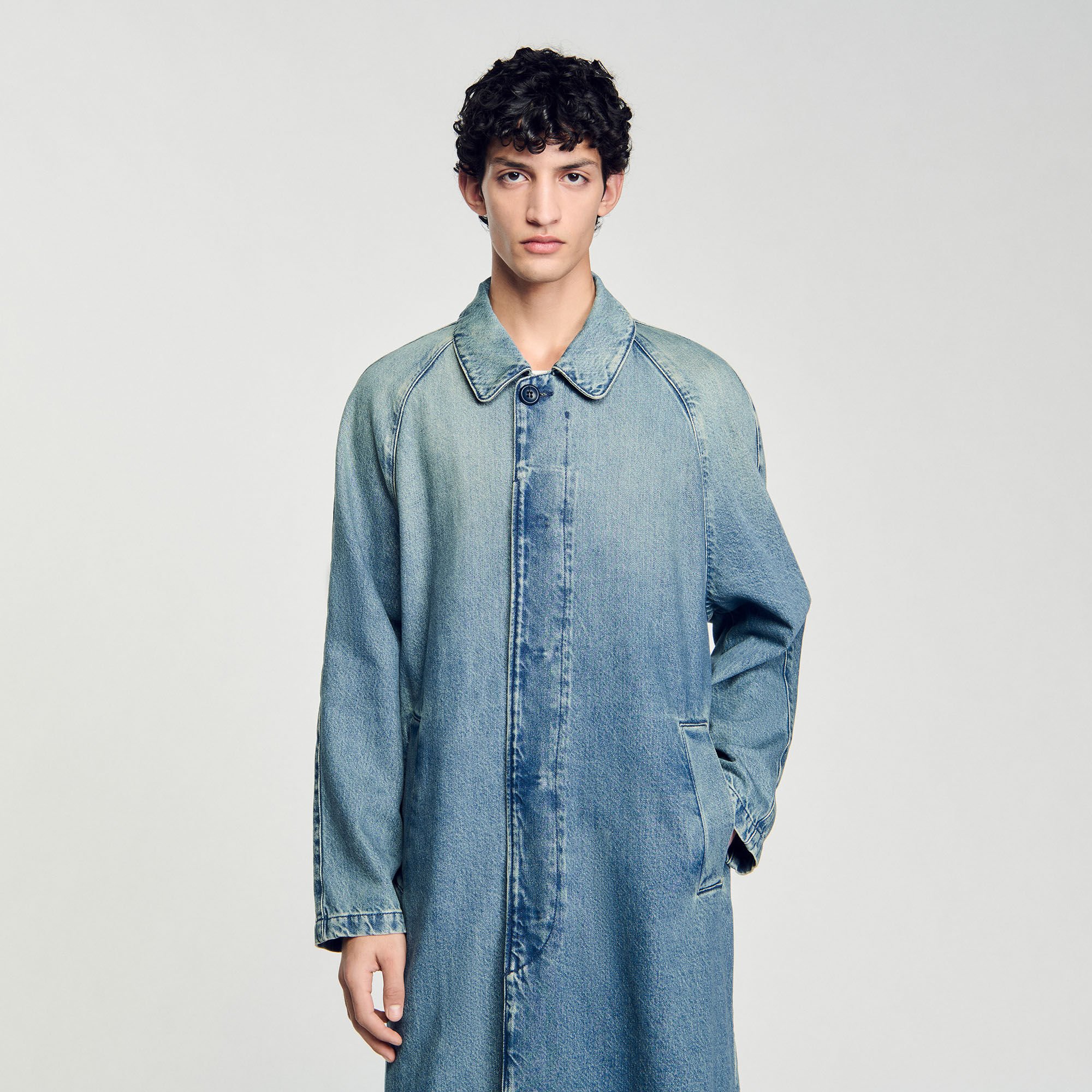 Long faded denim coat