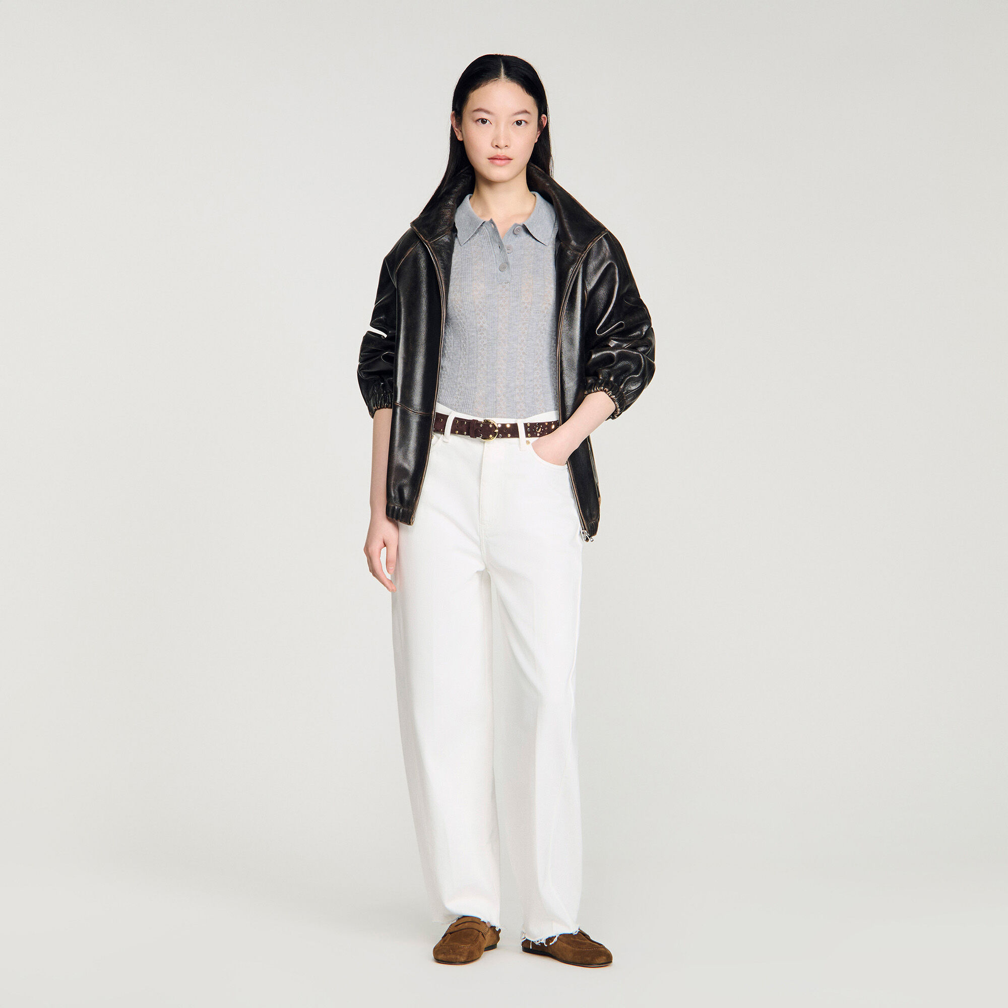 Pointelle polo-neck wool sweater