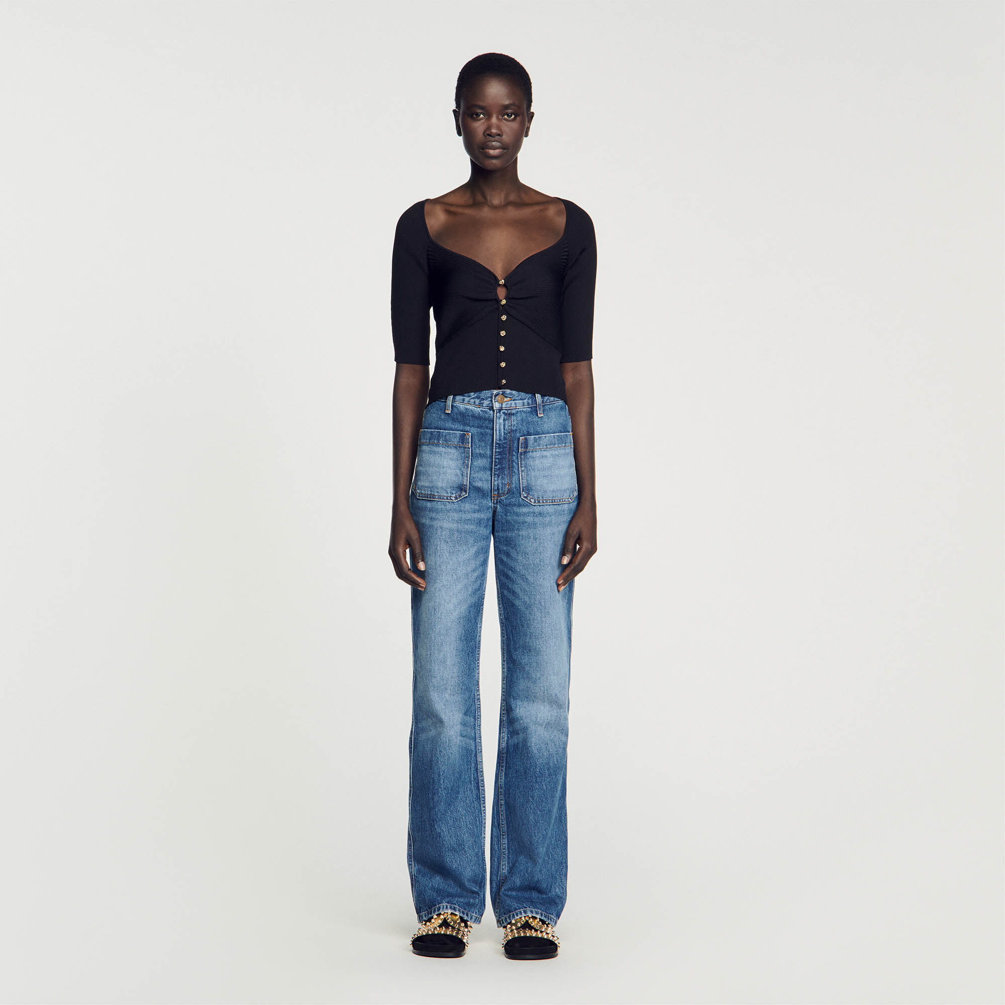 Ribbed cropped cardigan black gray For Women Sandro Paris