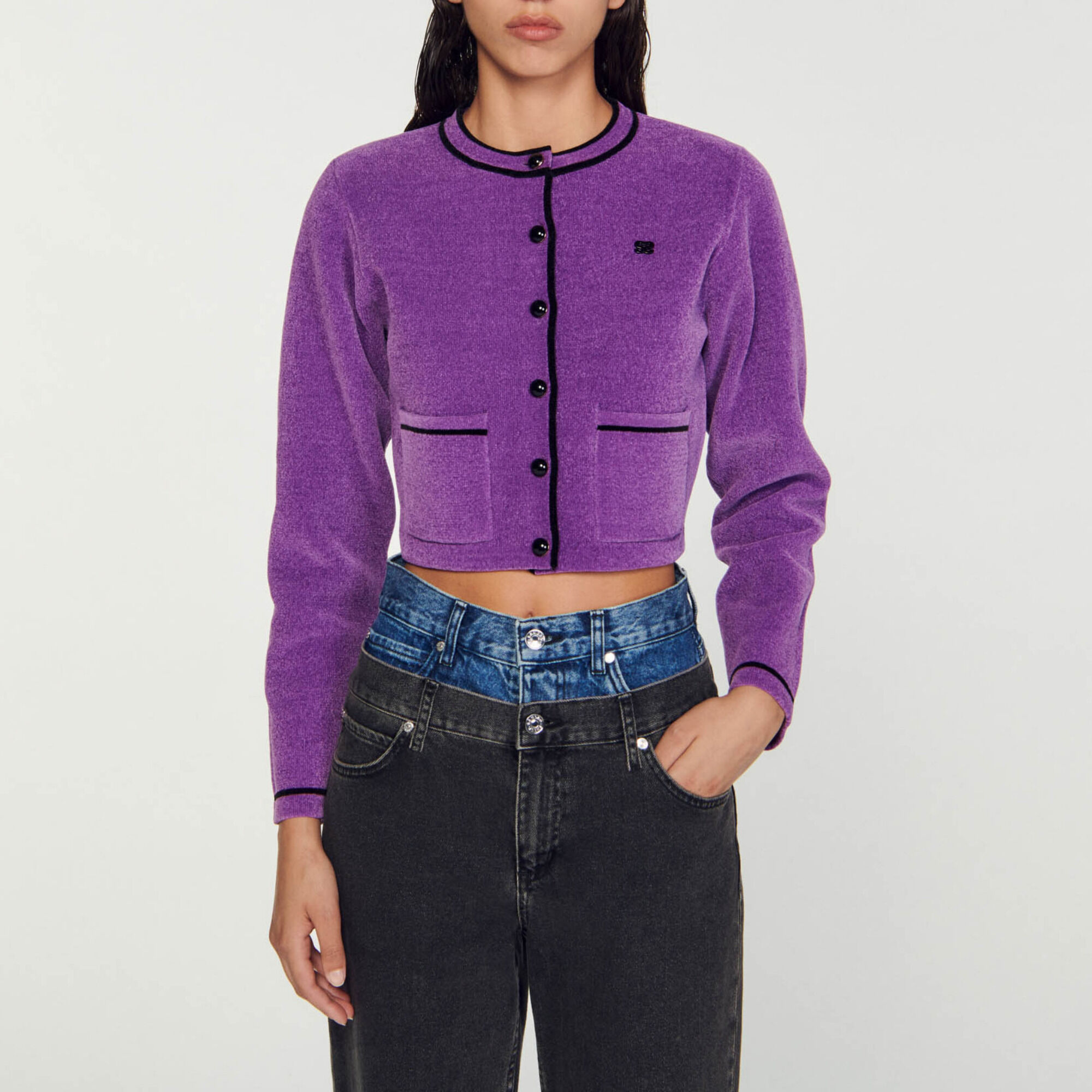 Velvet-effect cropped coatigan