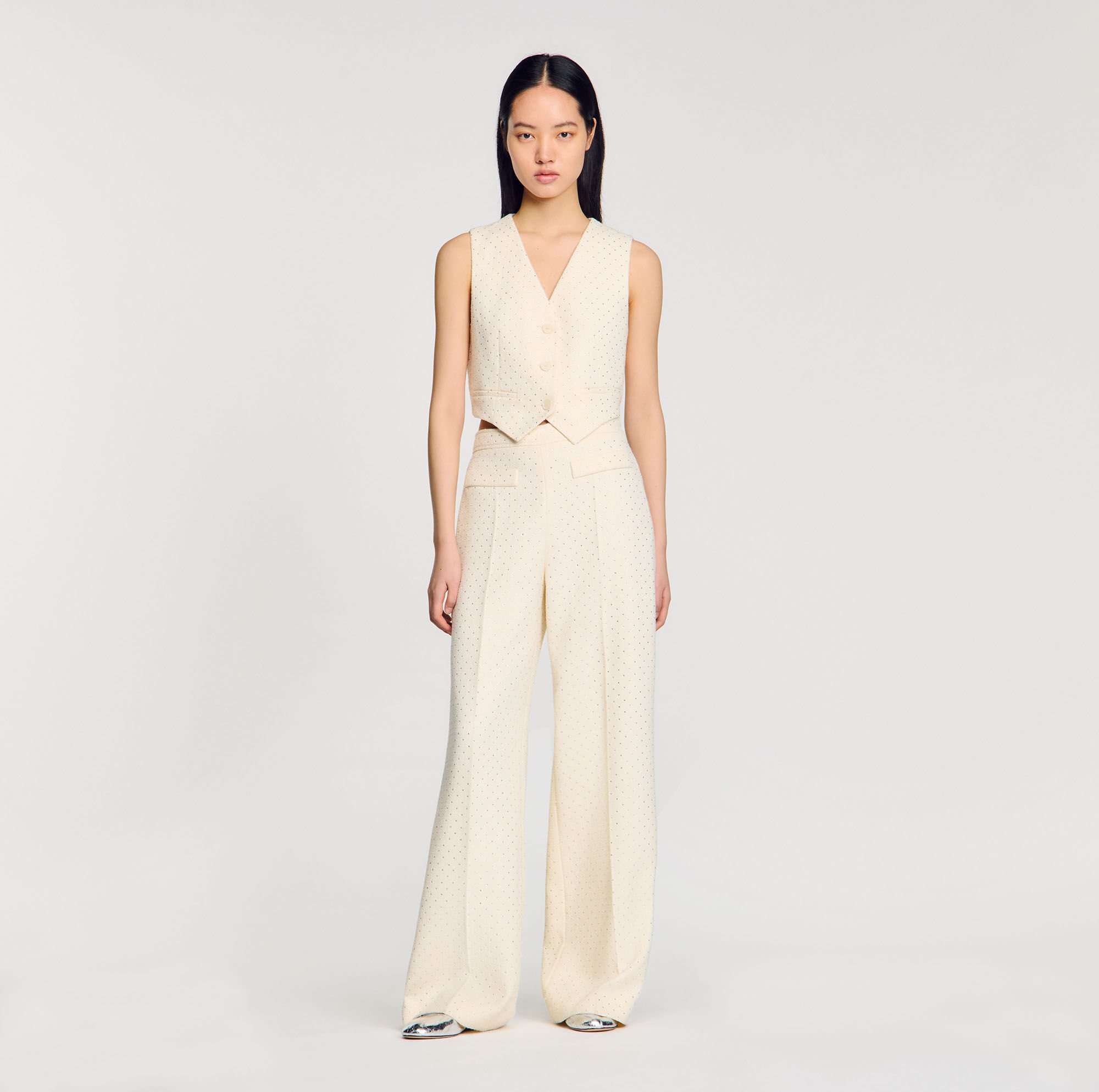 Tweed rhinestone-covered trousers white / beige For Women