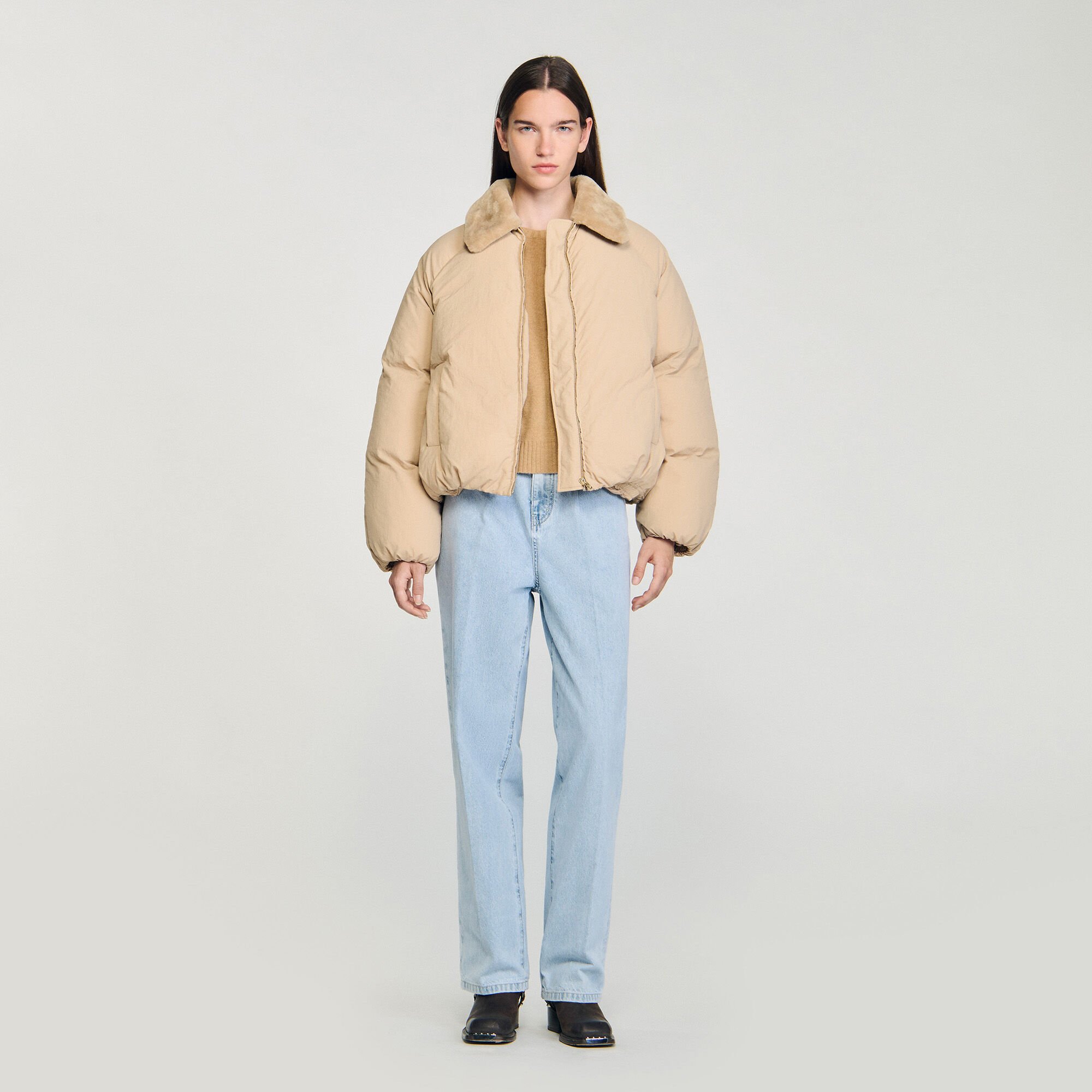 Puffer jacket with shearling collar