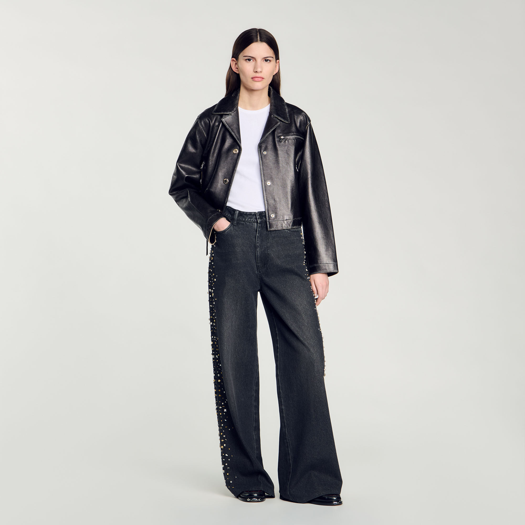 Wide-leg rhinestone jeans black / gray For Women | Sandro Paris