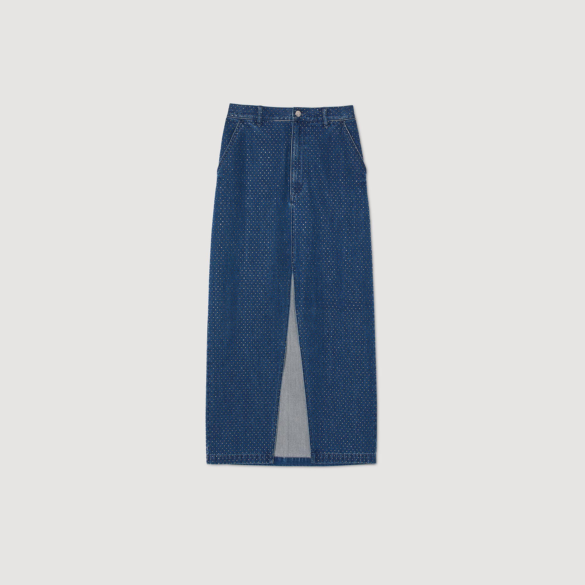 Rhinestone denim maxi skirt blue For Women | Sandro Paris