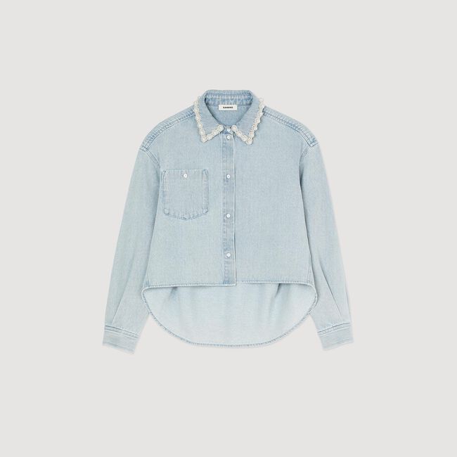 Denim shirt with beaded collar
