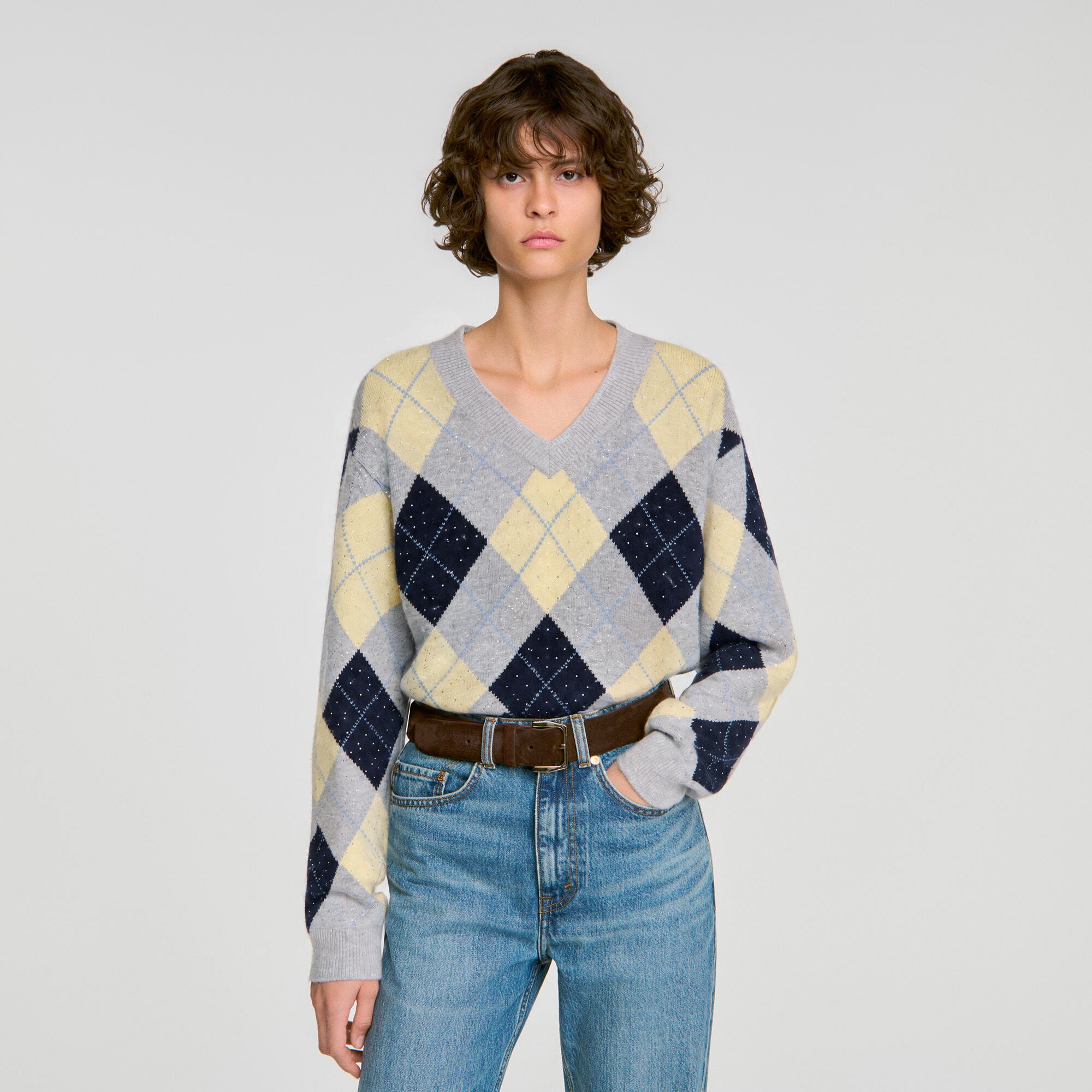 Rhinestone Argyle sweater - Women | Sandro