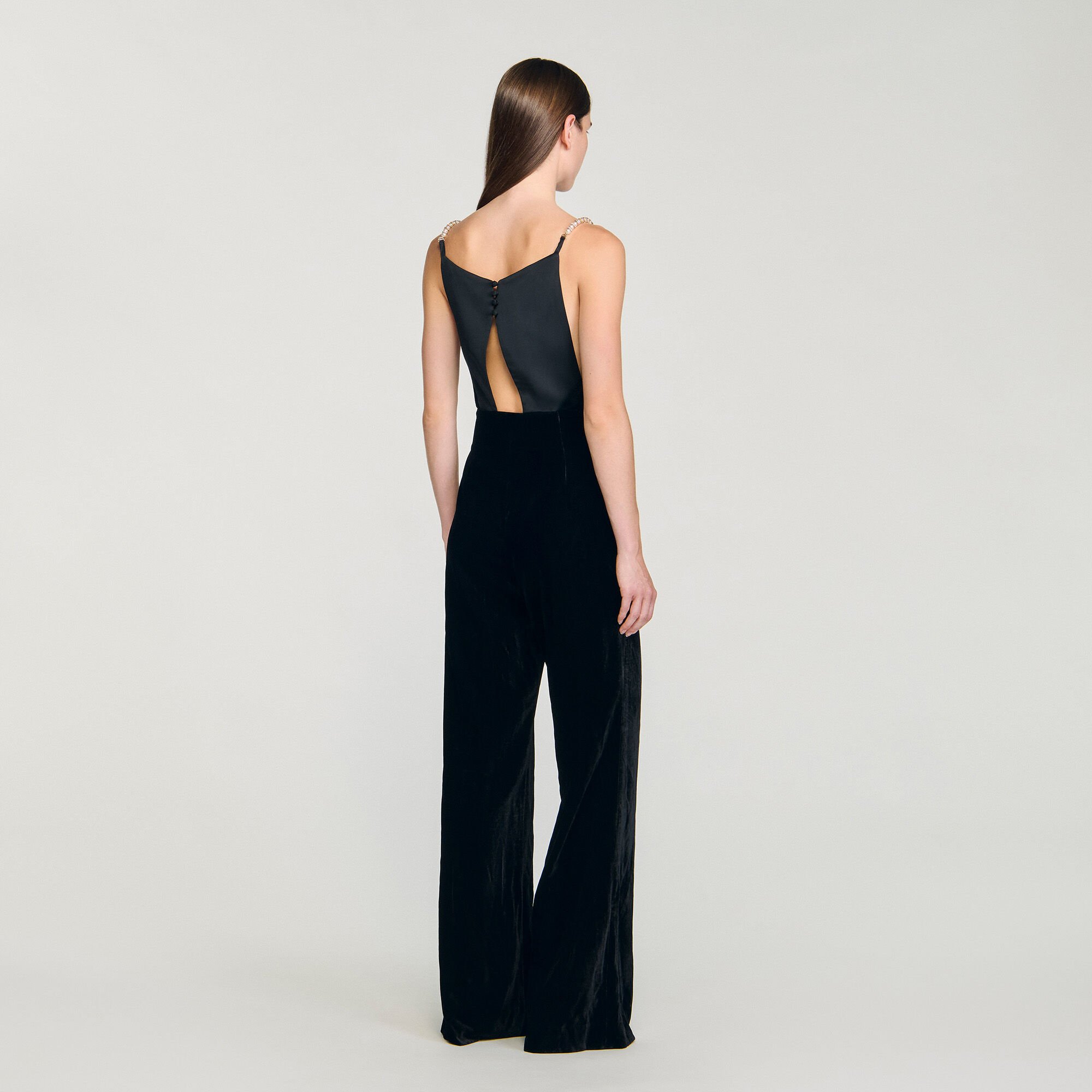 Velvet jumpsuit with removable straps