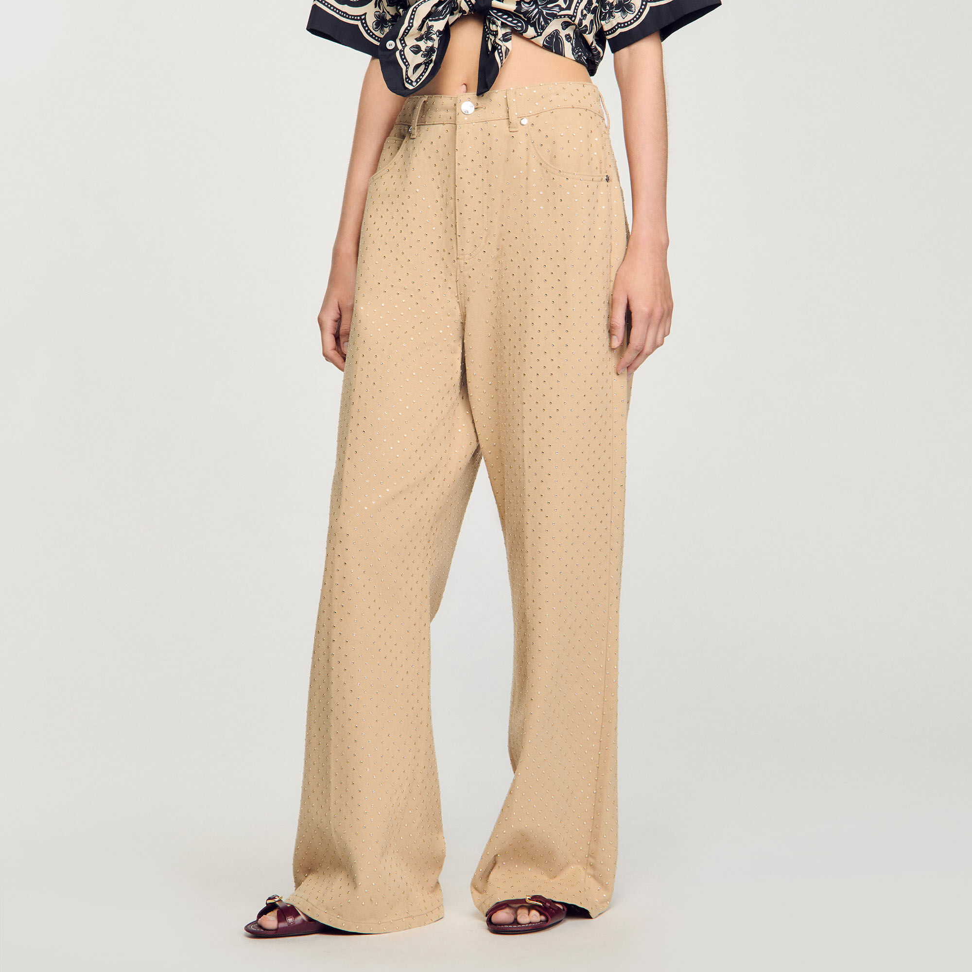 100％品質 jeans Rhinestone-embellished white Women For beige / トップス