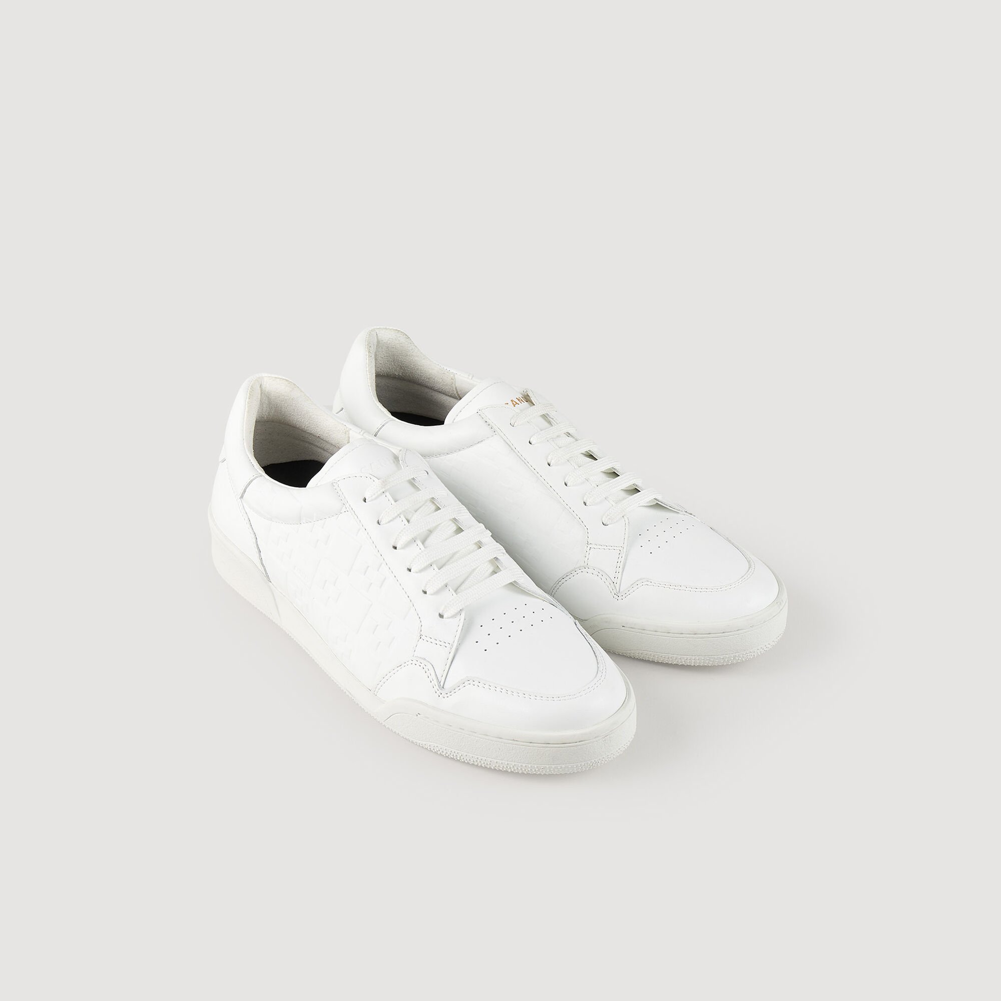 Embossed square cross leather sneakers white beige for Men Sandro Paris