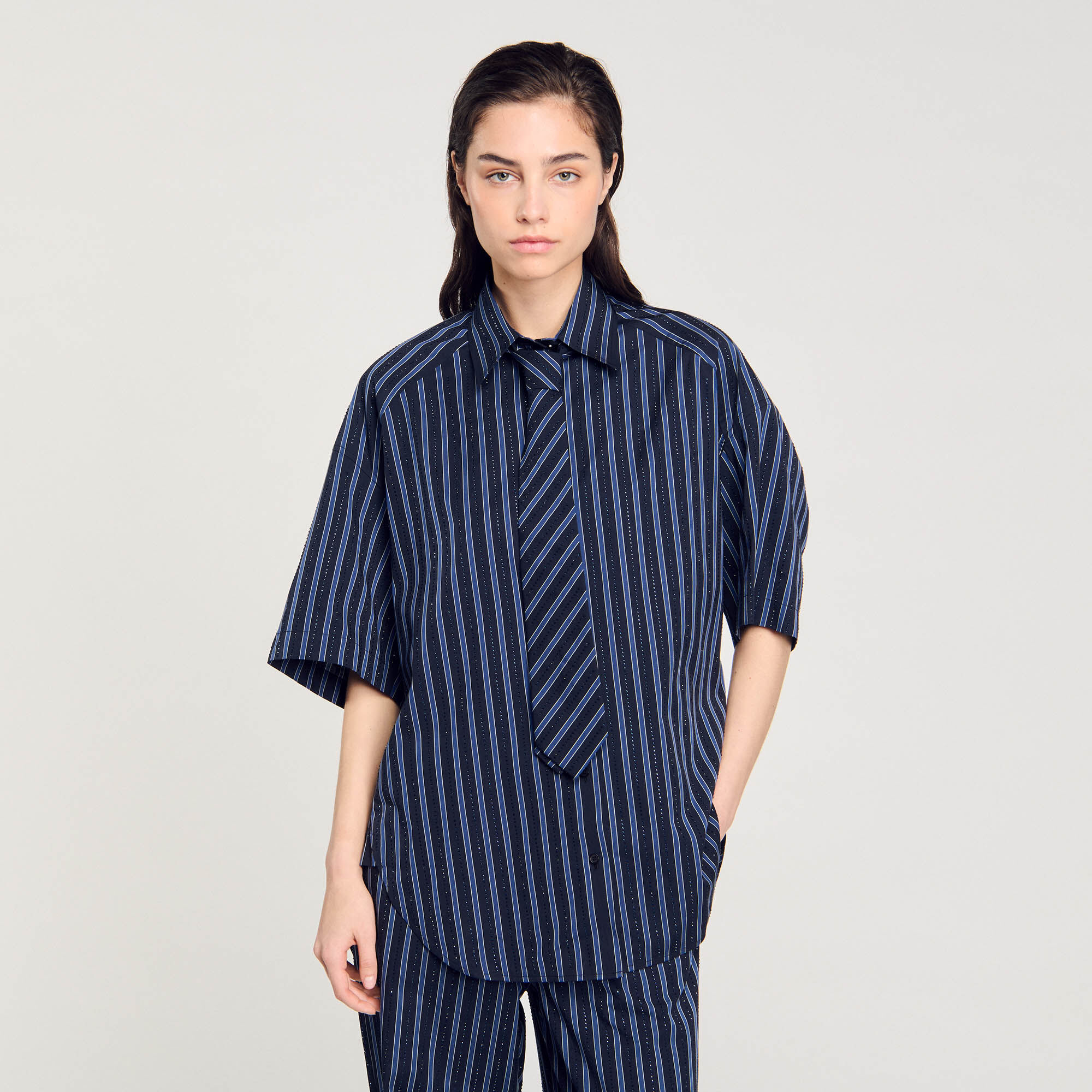 Rhinestone tie shirt blue For Women | Sandro Paris